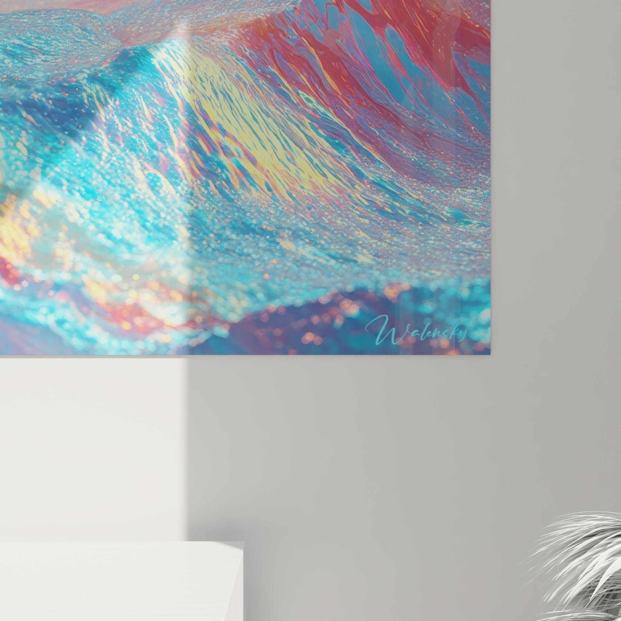 Vue ensemble tableau mural lune colorée, œuvre d'art moderne aux tons iridescents pour décoration murale