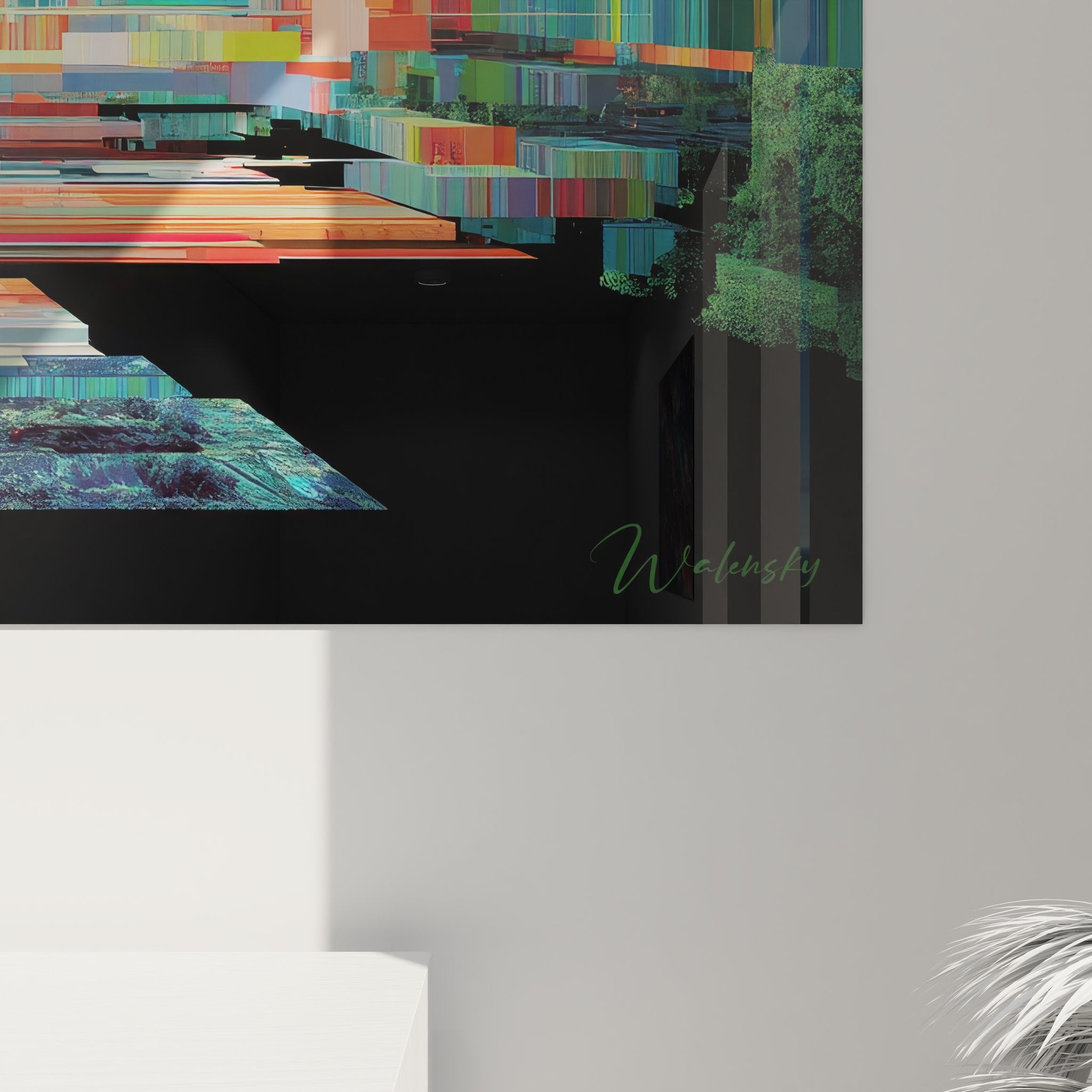 Vue ensemble tableau mural lune futuriste dans décoration intérieure contemporaine