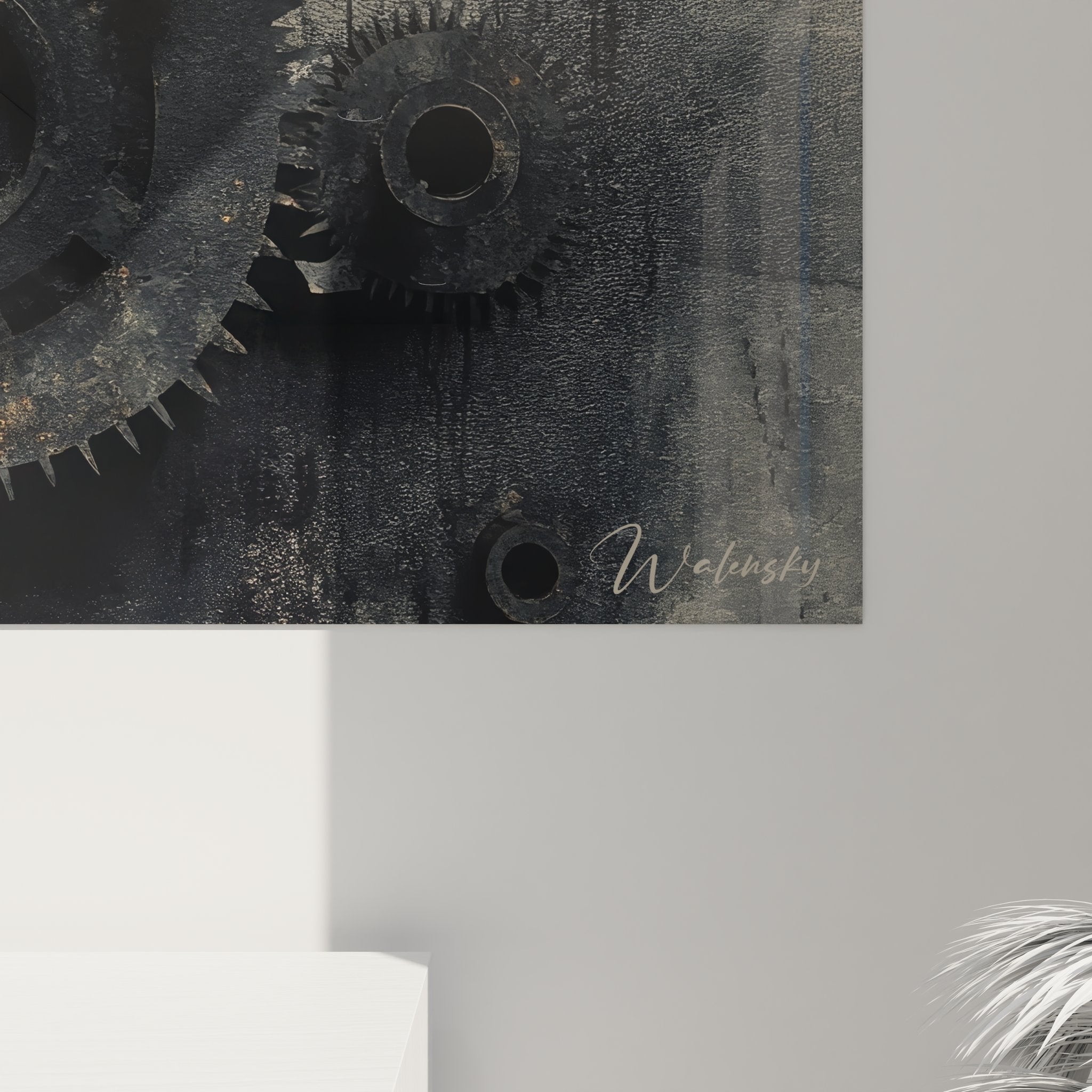 Vue d'ensemble tableau mural mécanismes industriels avec engrenages et machines vintage décoration murale