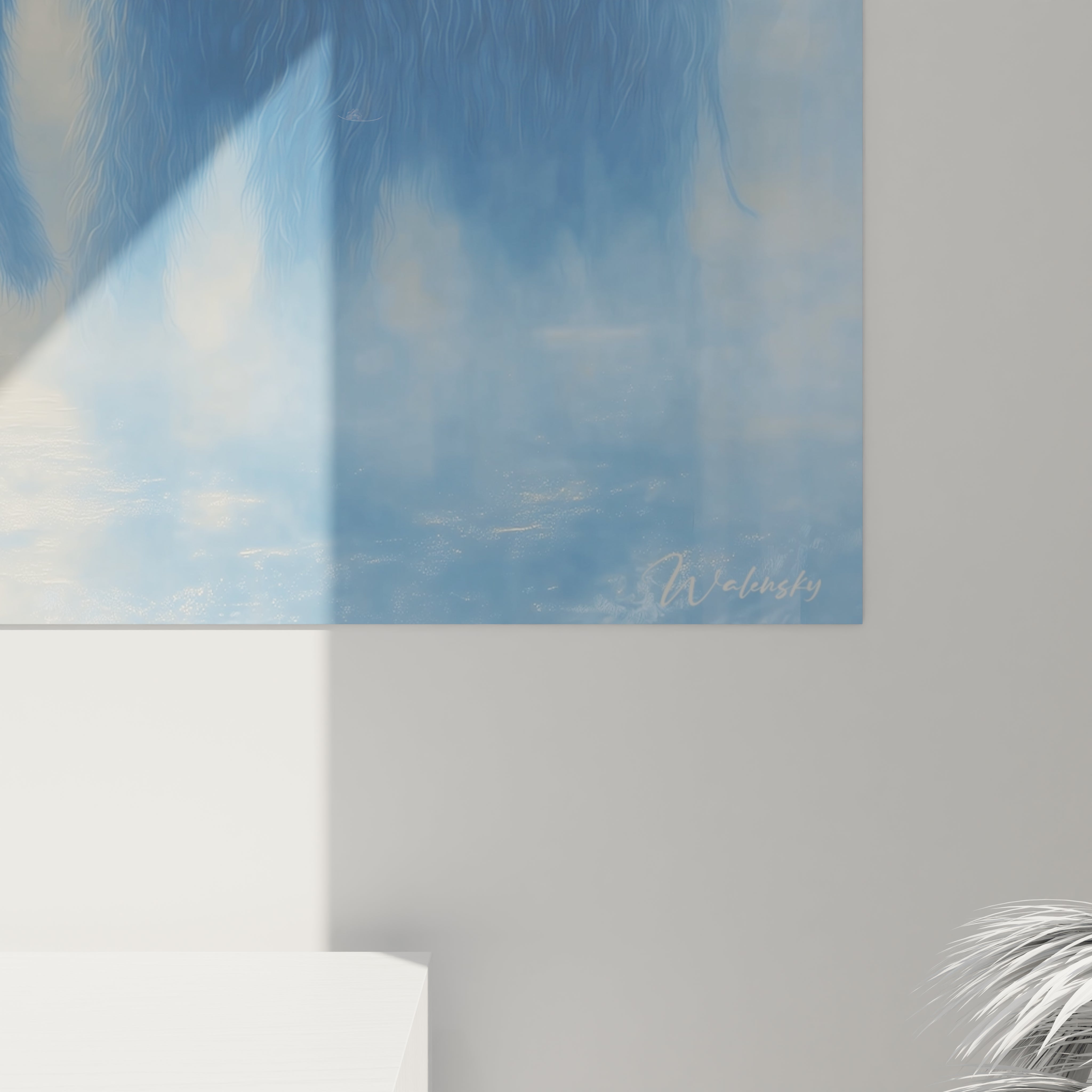 Vue d'ensemble tableau mural mammouth glaciaire bleu mystique dans brume - œuvre d'art préhistorique déco