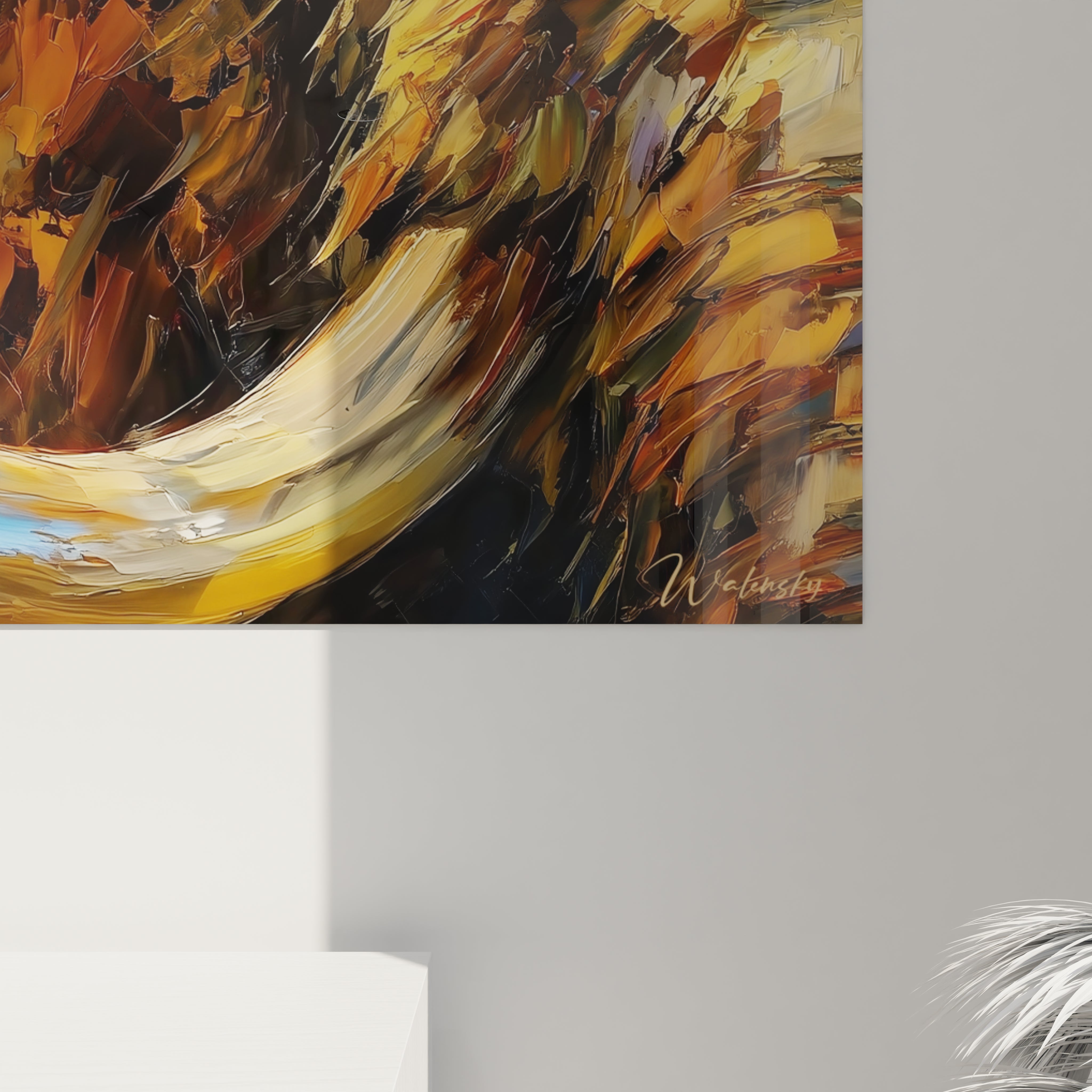 Vue ensemble tableau mural mammouth aux défenses courbées, art animalier préhistorique décoration intérieure