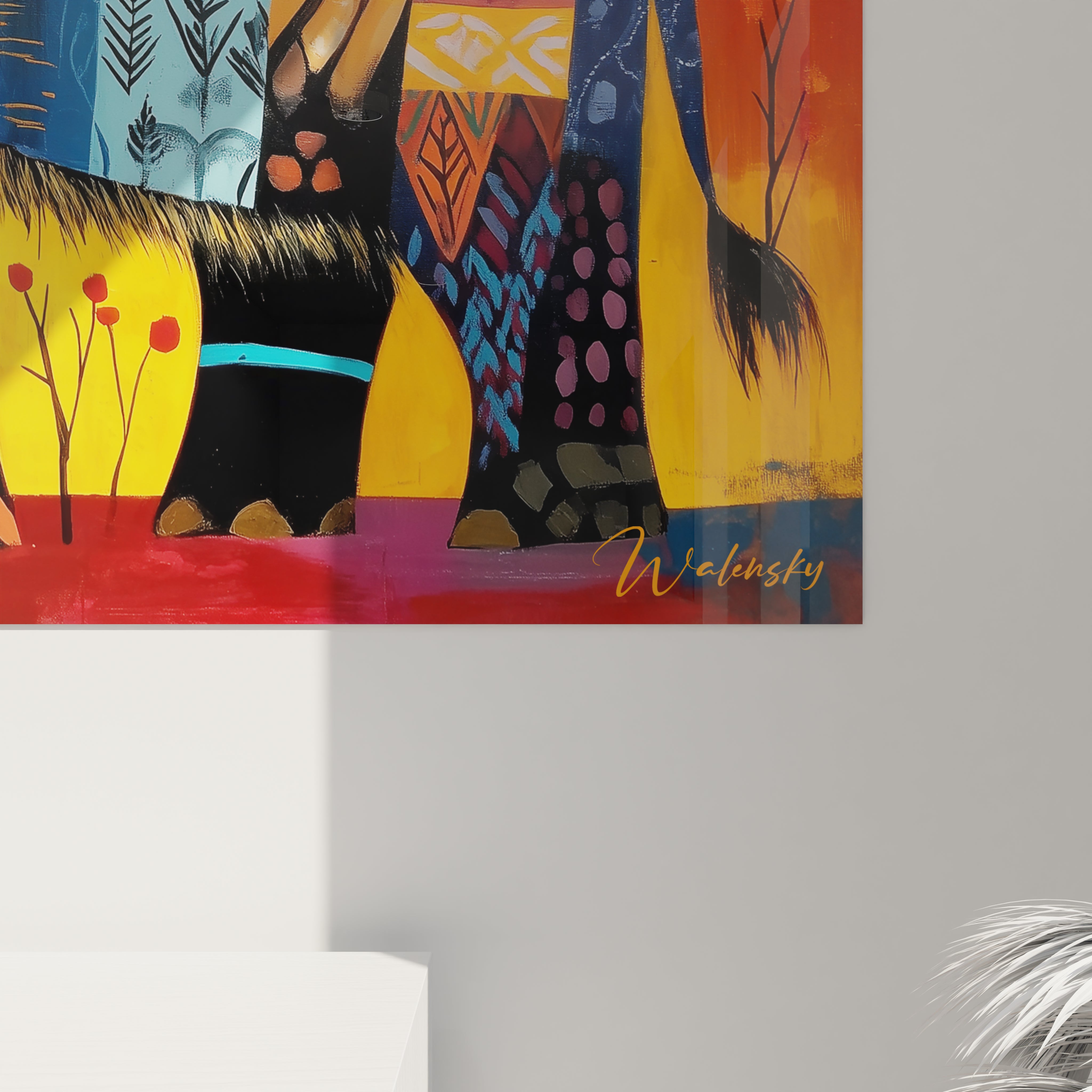 Vue d'ensemble du tableau mural mammouth laineux aux défenses blanches et motifs colorés