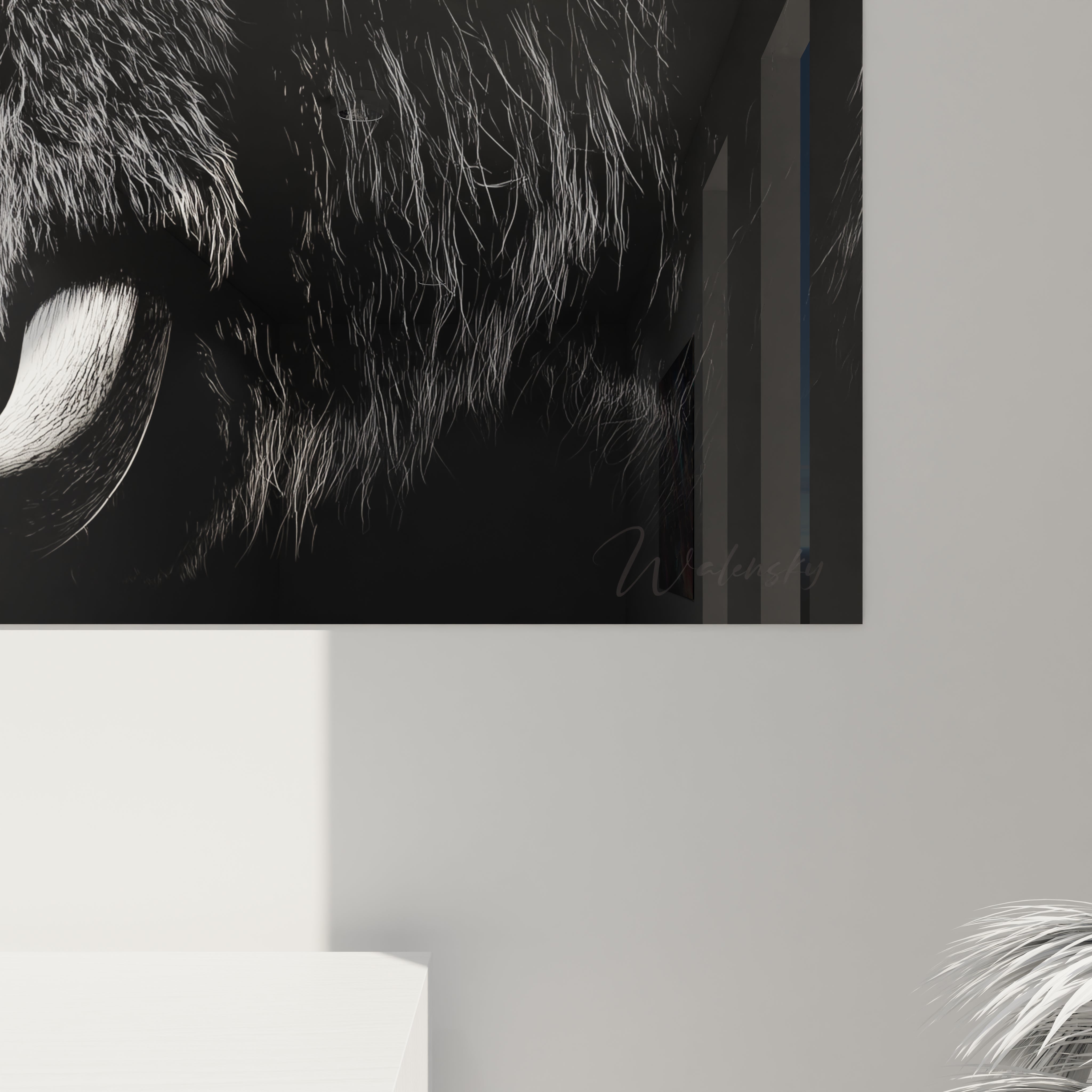 Vue ensemble tableau mammouth laineux noir blanc, décoration murale préhistorique pour intérieur moderne