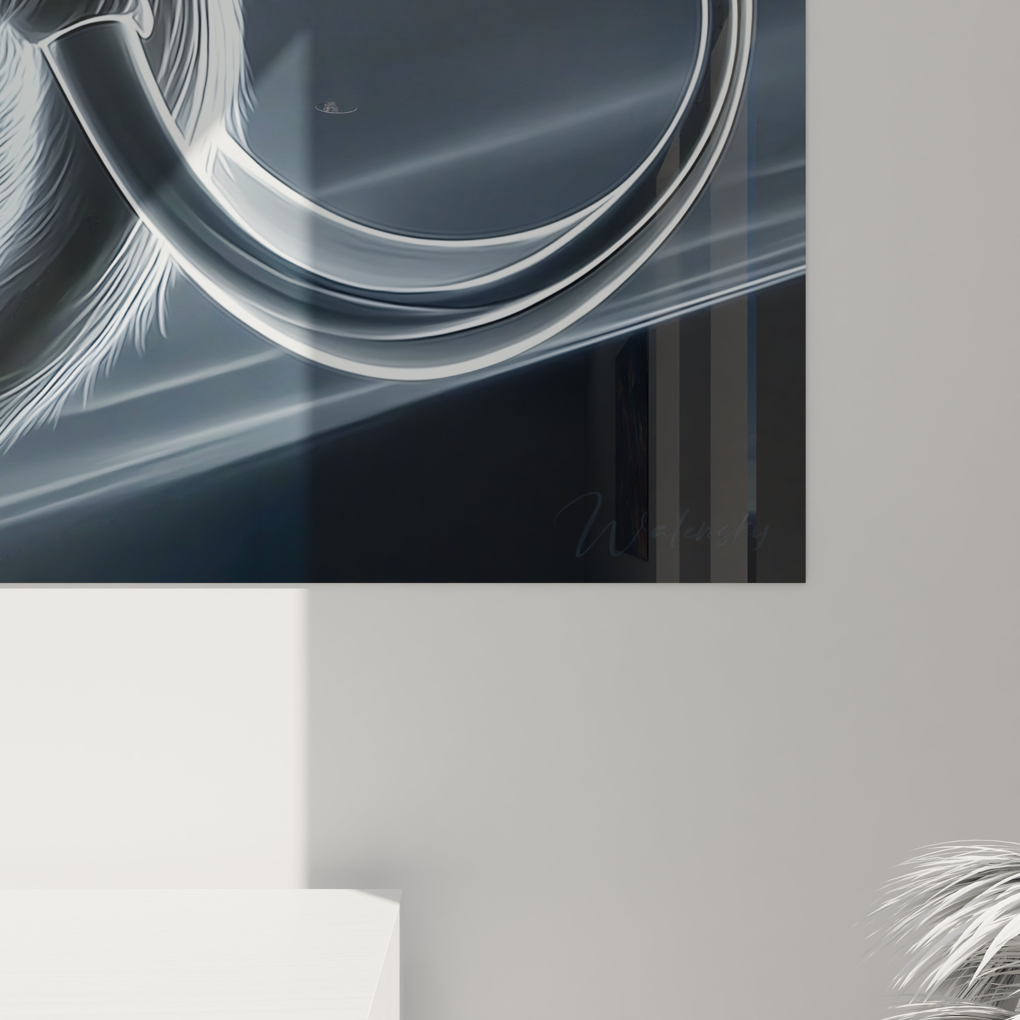 Vue d'ensemble tableau mural mammouth laineux décoratif aux effets néon dans intérieur contemporain