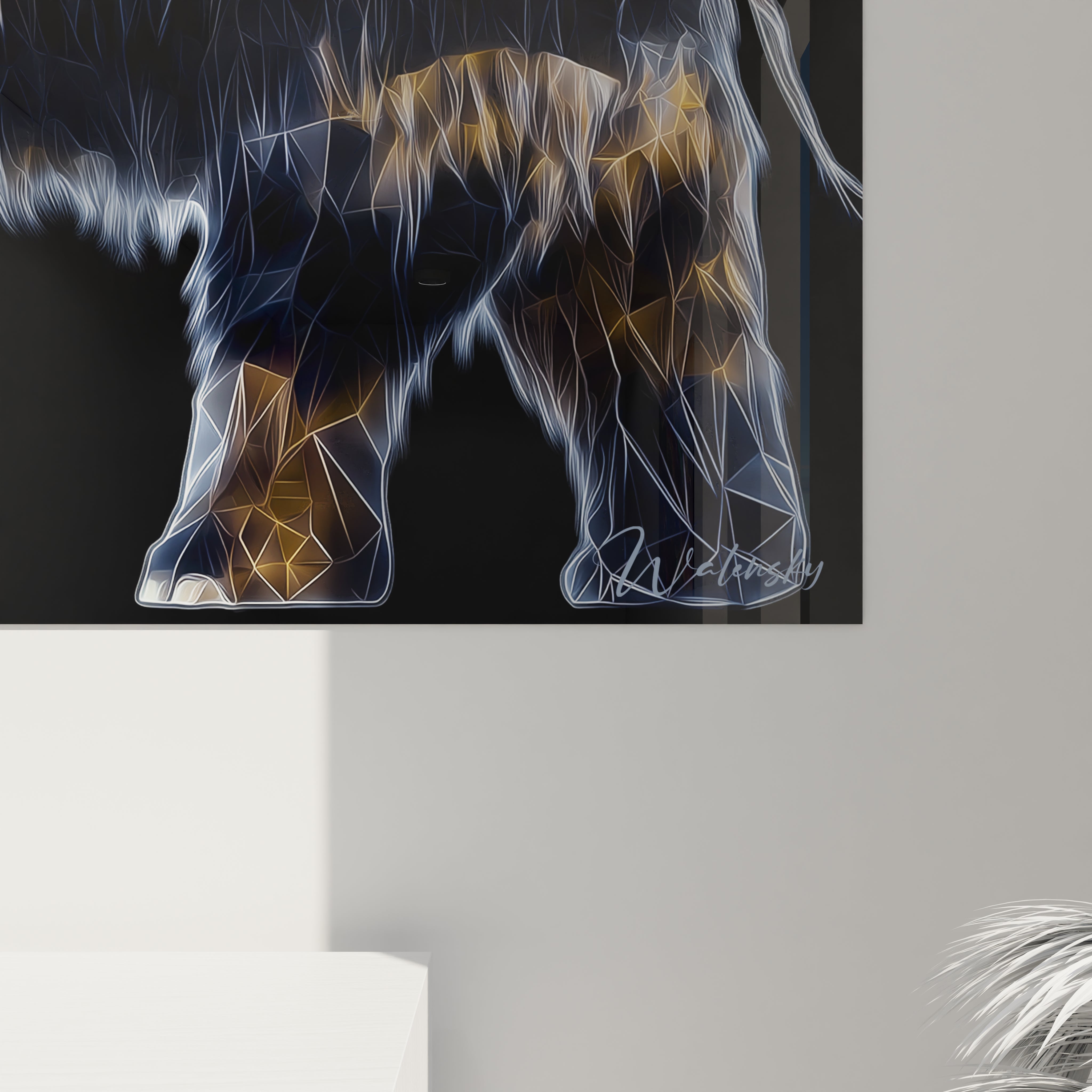 Vue ensemble tableau mural mammouth préhistorique effet néon, décoration murale contemporaine