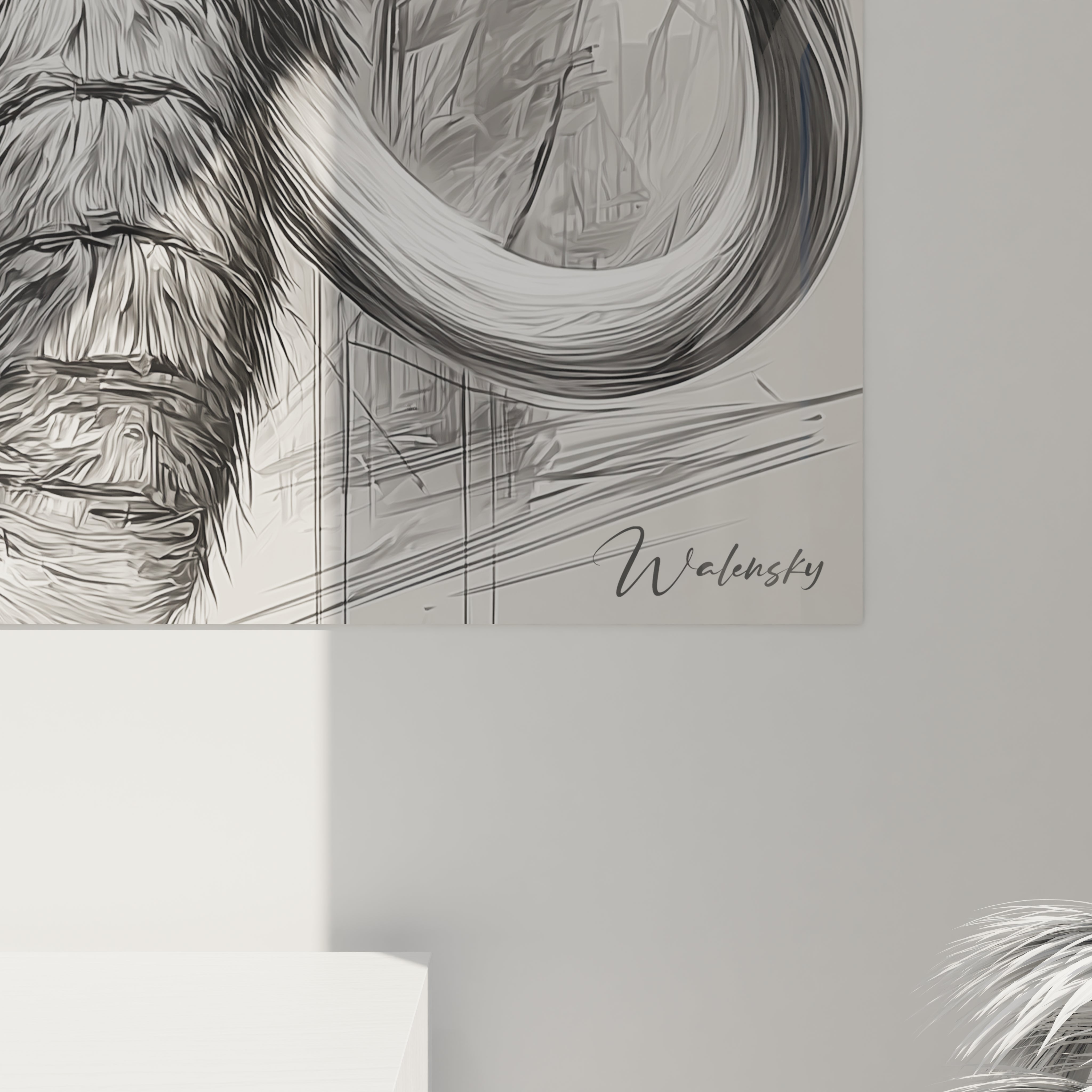 Vue d'ensemble tableau mural mammouth laineux dans salon moderne décoration murale