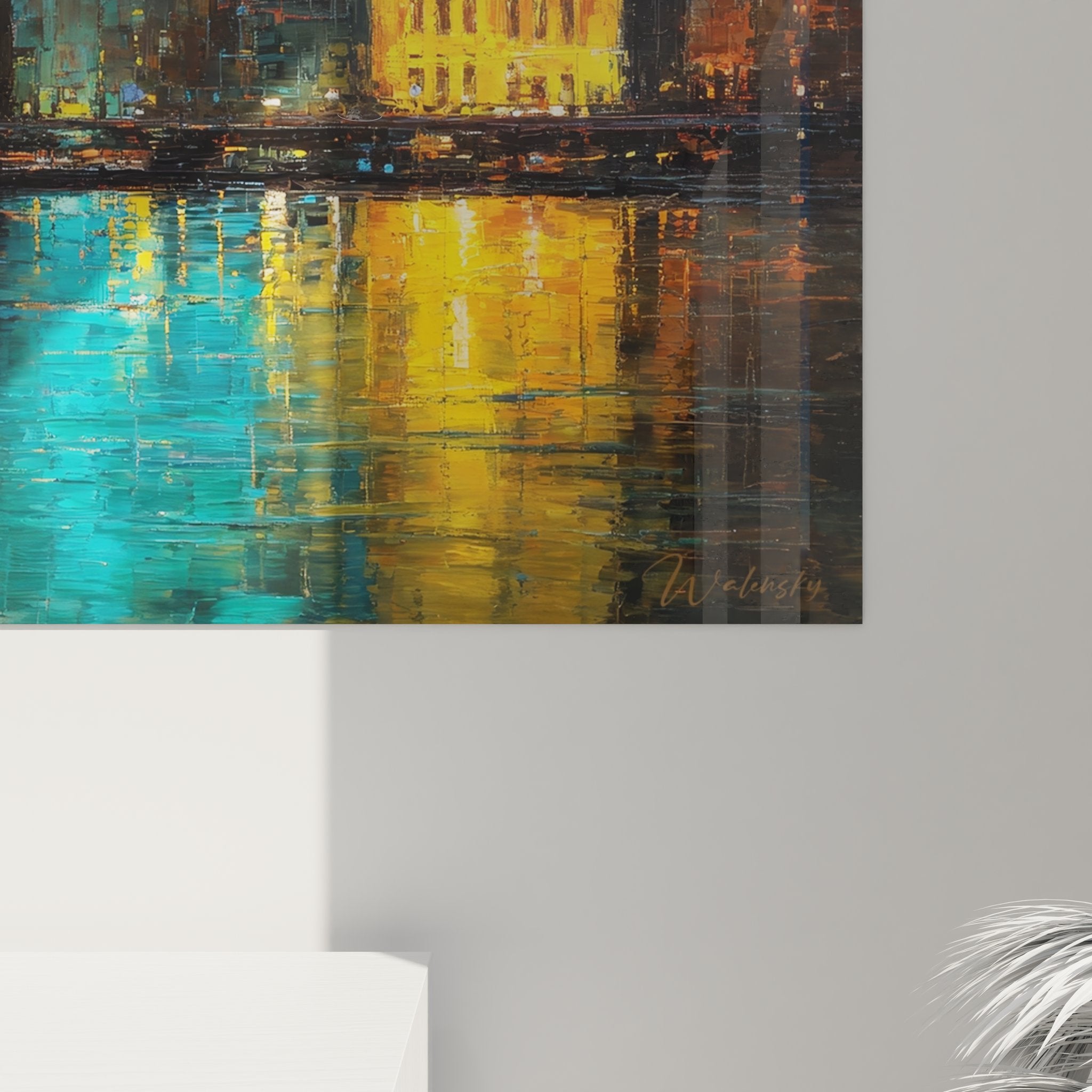 Vue d'ensemble tableau mural Manhattan skyline, art urbain nocturne avec reflets aquatiques