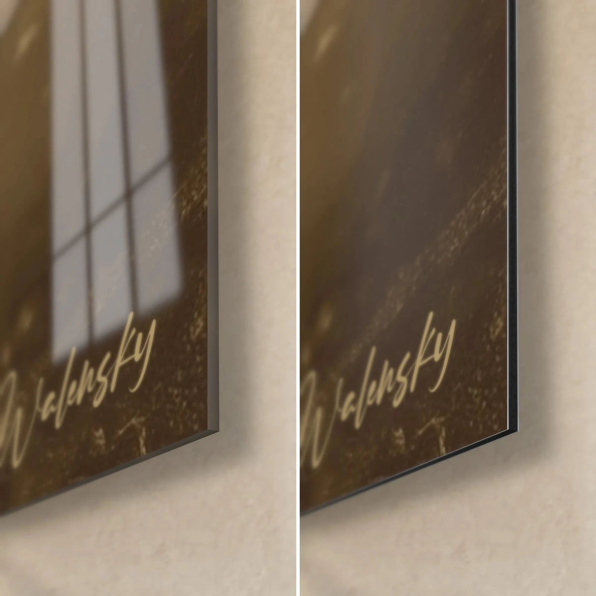 Cuadro tiburón en sepia, esquina inferior derecha: firma dorada Walensky sobre cristal acrílico brillante y aluminio Dibond mate negro, canto de 3 mm