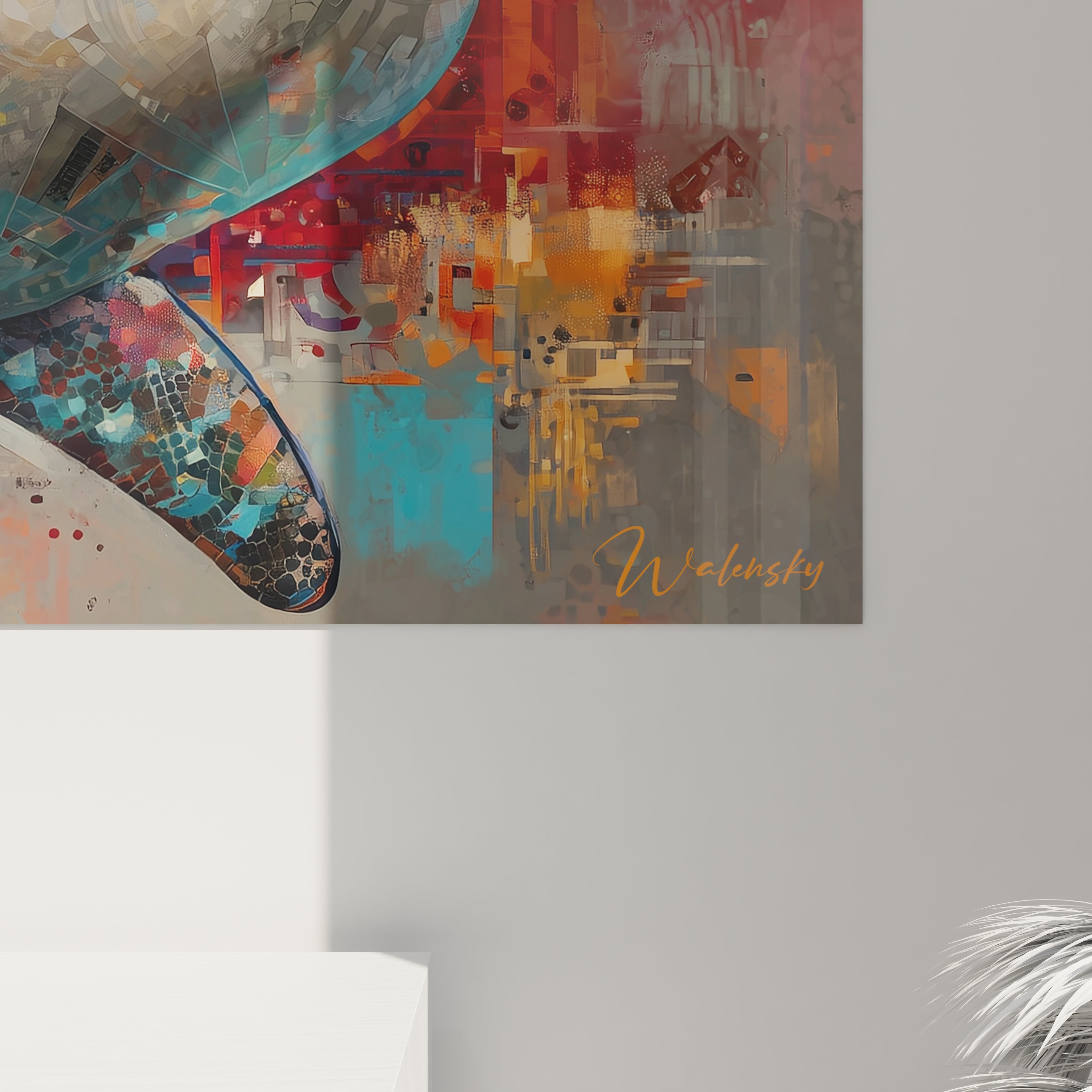 Vue ensemble tableau mégalodon décoration murale requin art moderne multicolore