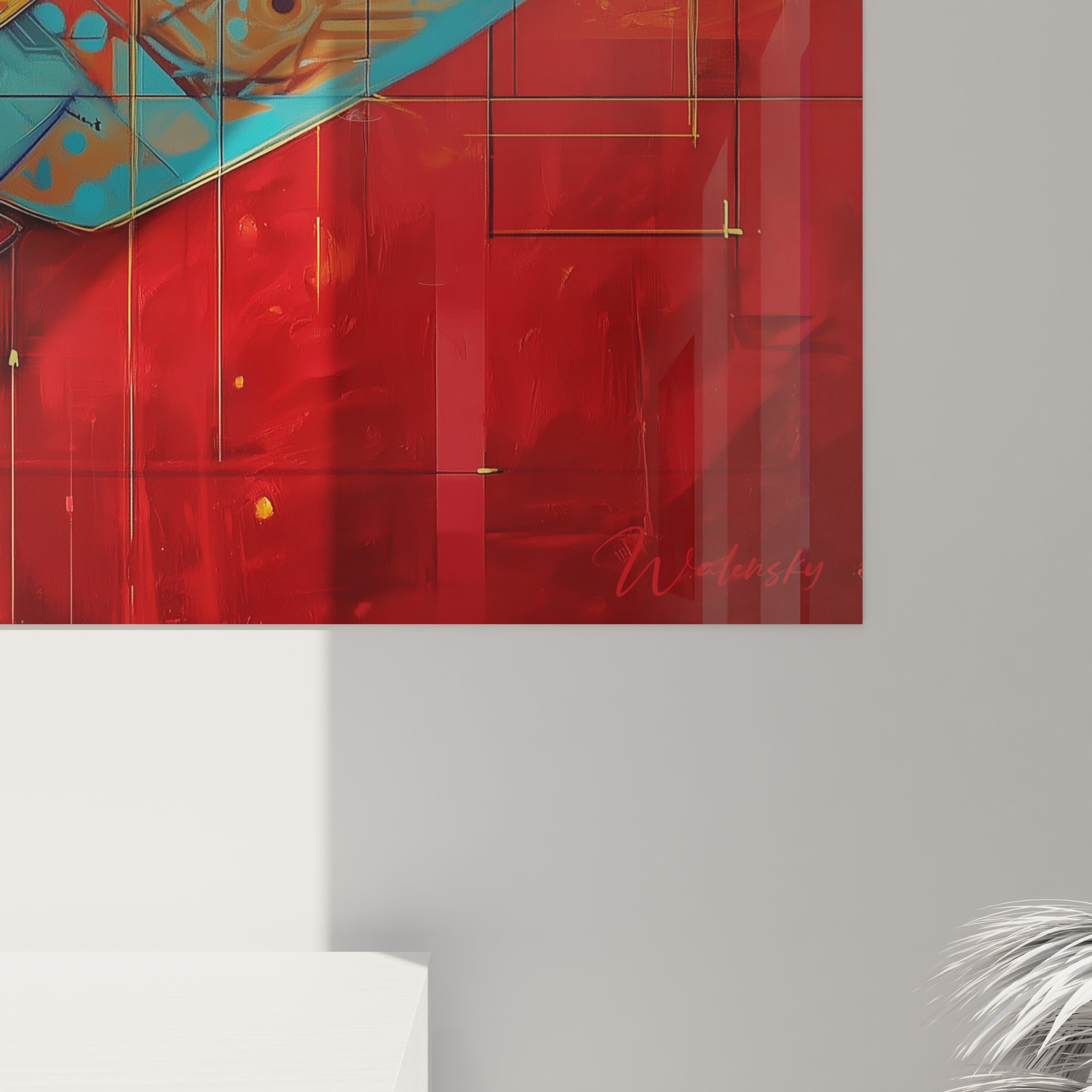 Vue ensemble tableau mural requin mégalodon art moderne géométrique coloré décoration