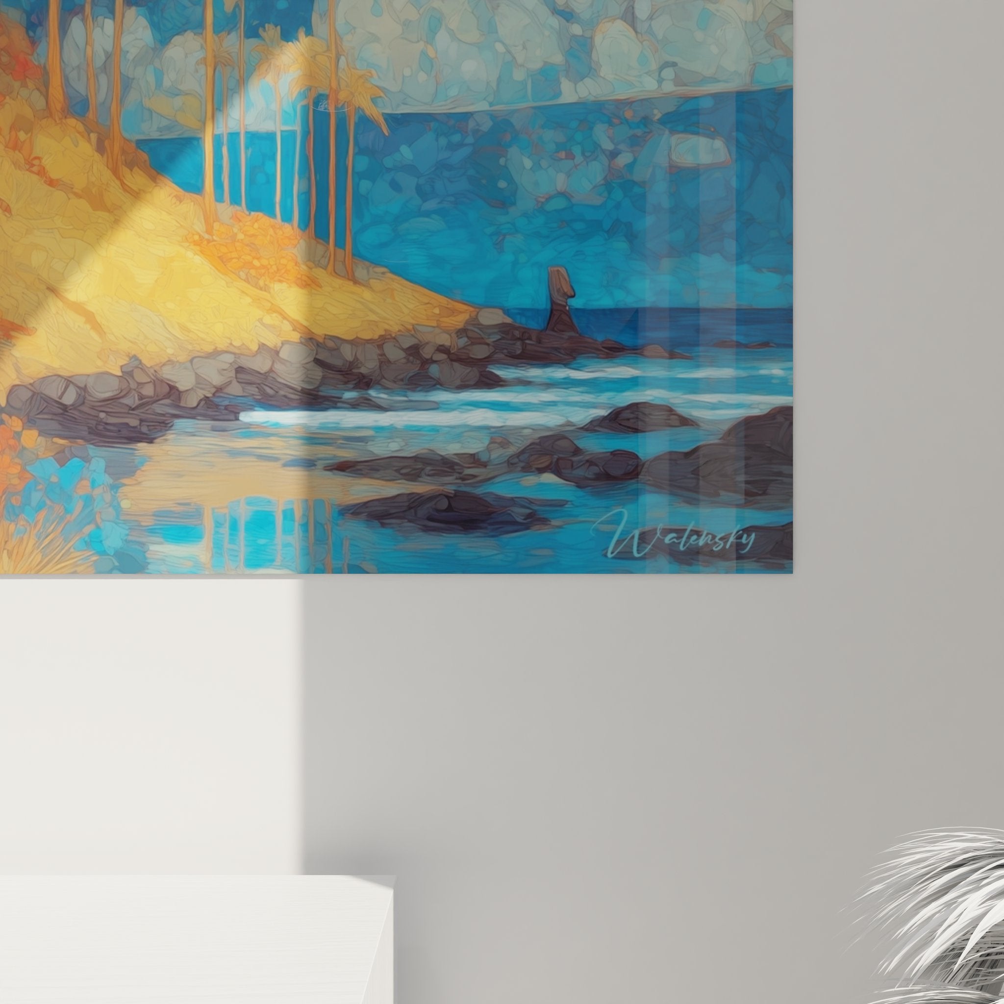 Vue ensemble tableau mural Moai polynésien, paysage tropical complet avec palmiers océan et lune dorée