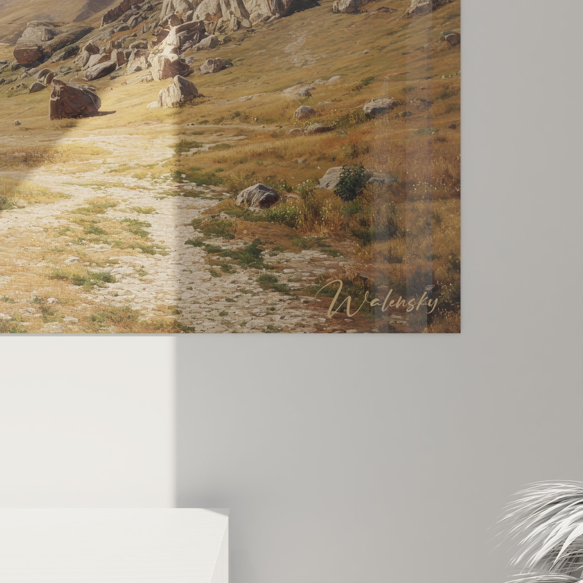 Vue ensemble tableau mural montagne aride représentant panorama vallée désertique dorée