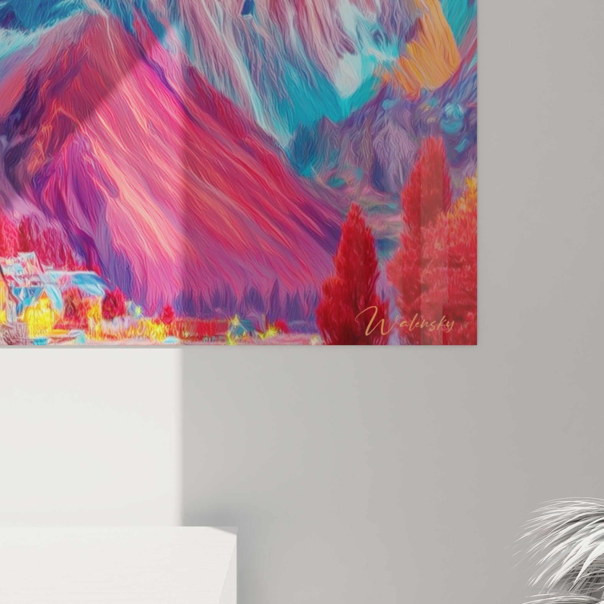 Vue ensemble tableau mural montagne psychédélique chalet alpin ciel tourbillonnant