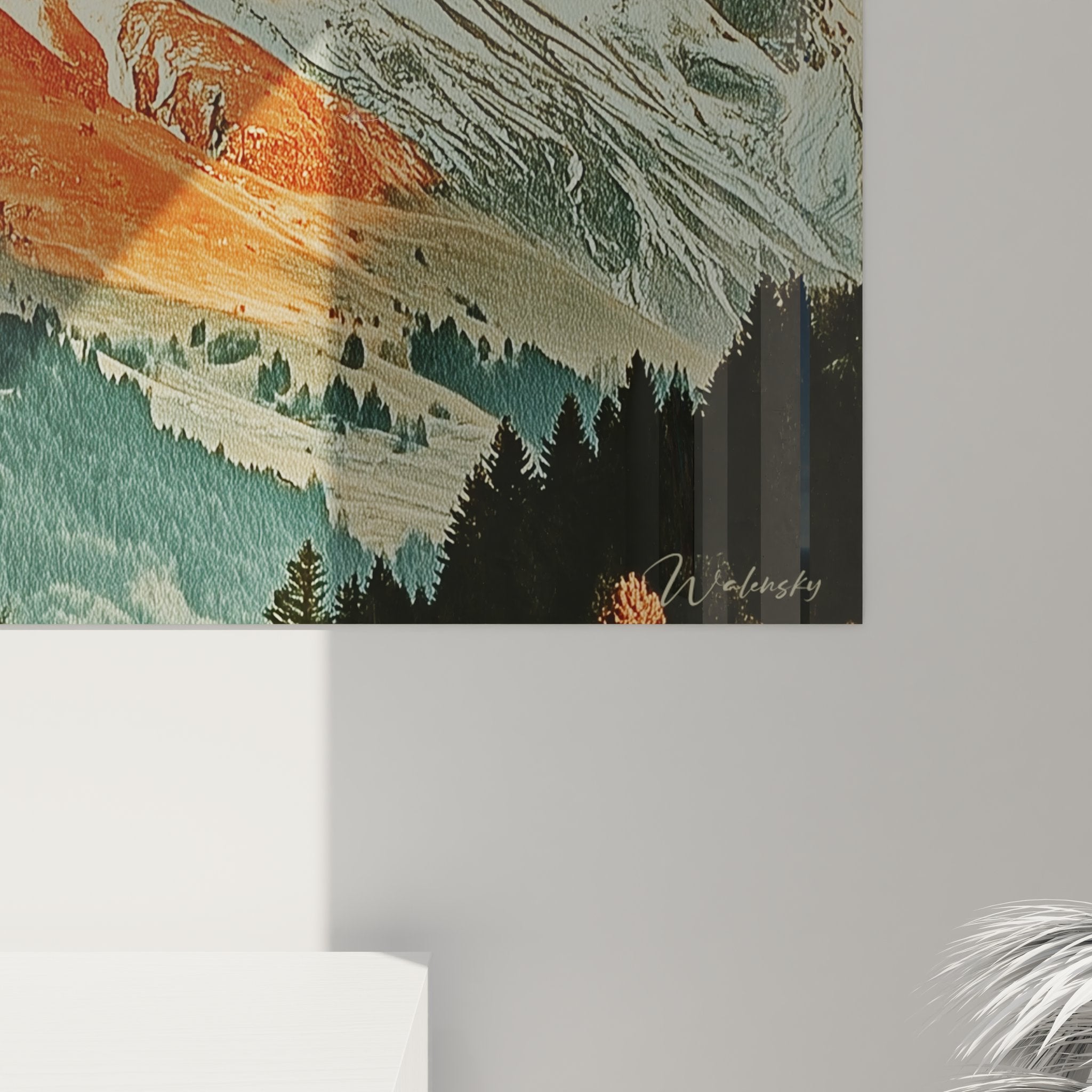 Vue d'ensemble du tableau mural montagne sommets alpins dans son environnement décoratif complet