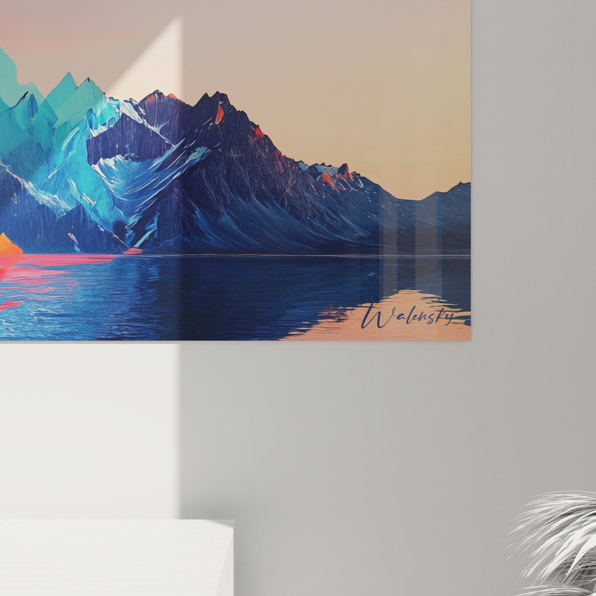 Vue ensemble tableau mural montagne digitale, décoration artistique paysage abstrait moderne