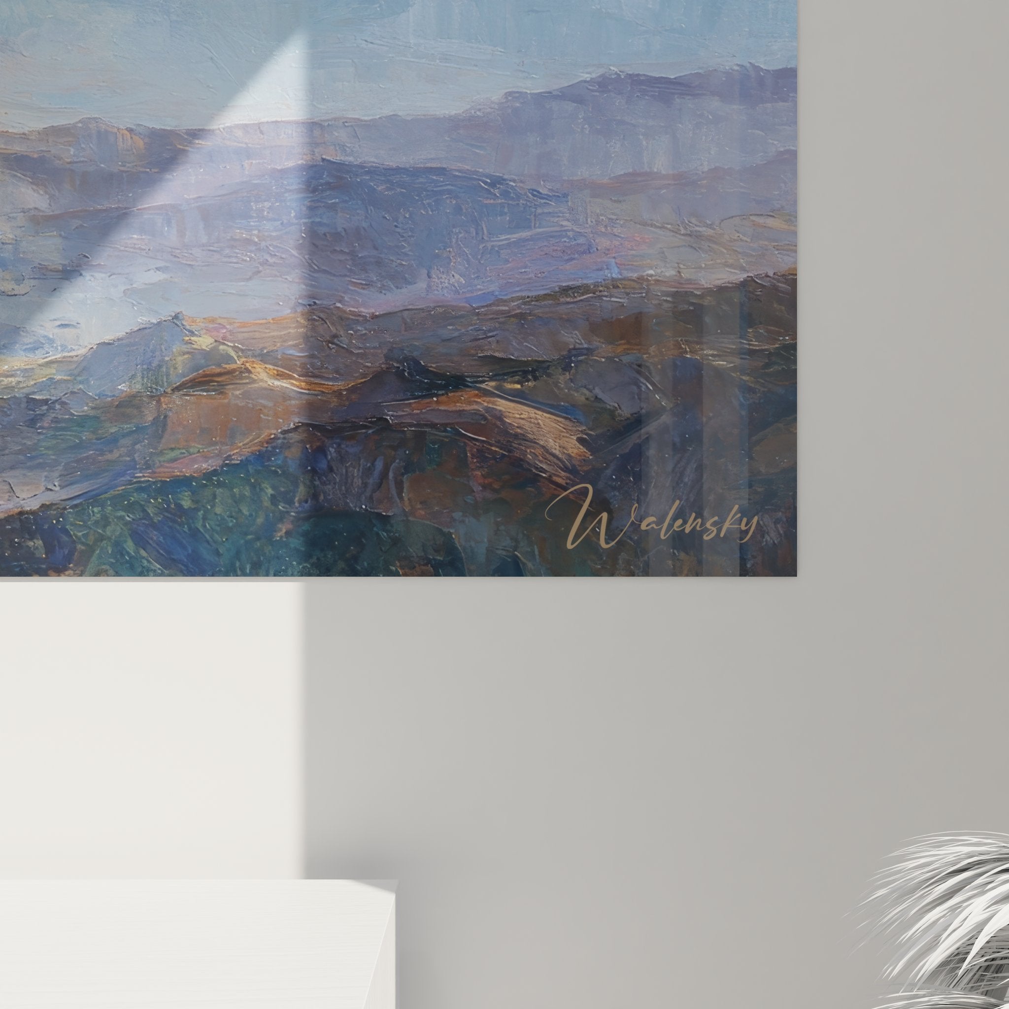 Vue d'ensemble tableau mural montagnes, dimensions et rendu décoratif dans intérieur contemporain