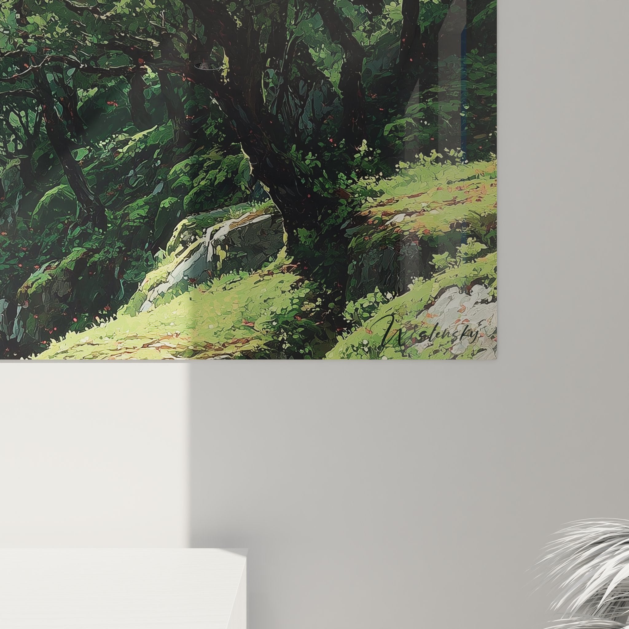 Vue ensemble tableau mural nature, œuvre art forestier pour décoration intérieur zen