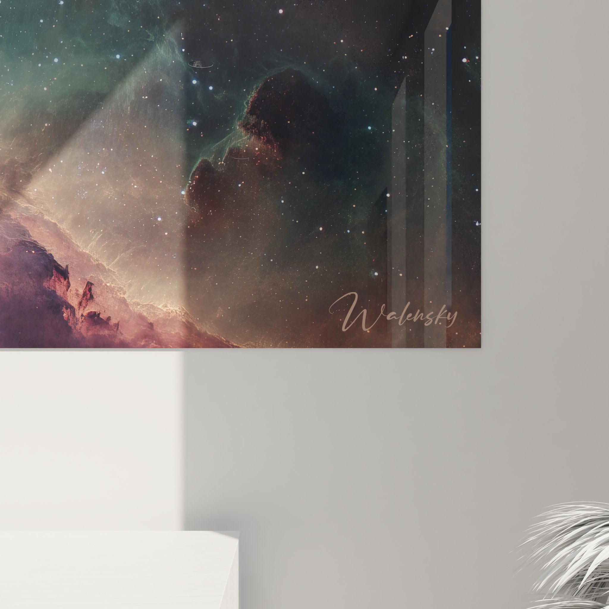 Vue ensemble tableau mural nébuleuse stellaire décoration intérieur style cosmique