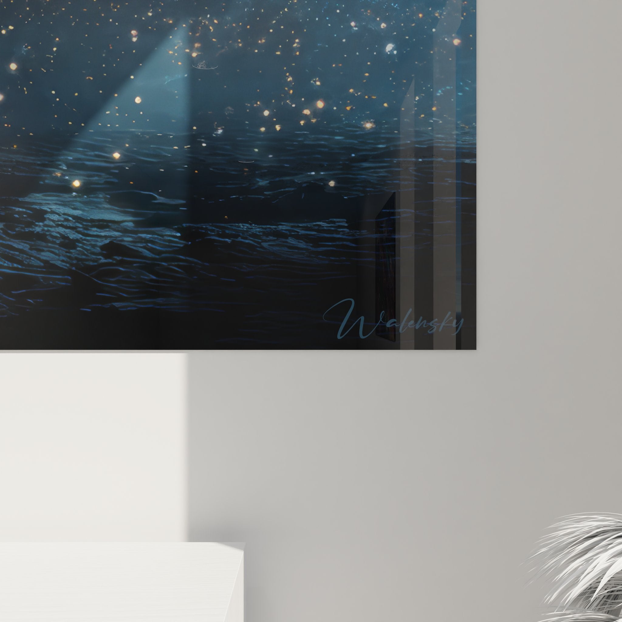 Vue ensemble tableau mural nébuleuse océan cosmique art spatial décoration intérieure étoiles dorées bleues