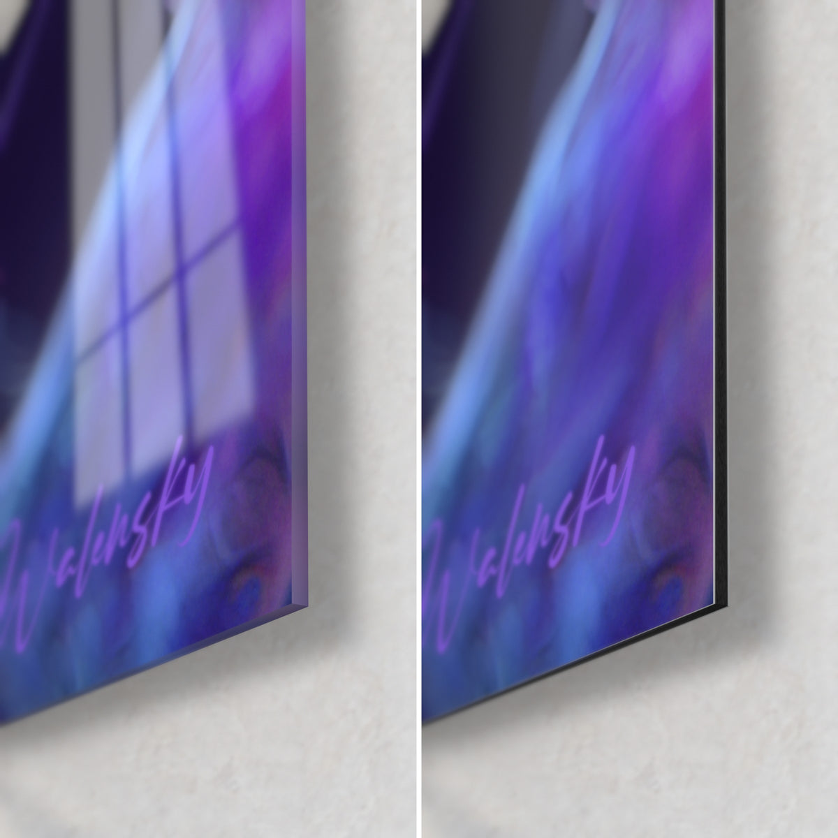 Gemälde violette Synapsen, untere rechte Ecke: glänzendes Acrylglas mit Reflexen und mattes schwarzes Alu-Dibond, 3 mm Stärke