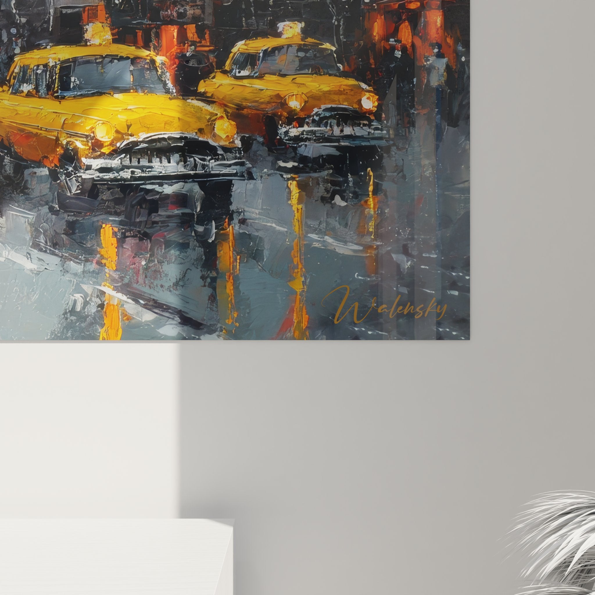 Vue ensemble tableau mural New York scène rue Manhattan pluie décoration urbaine moderne