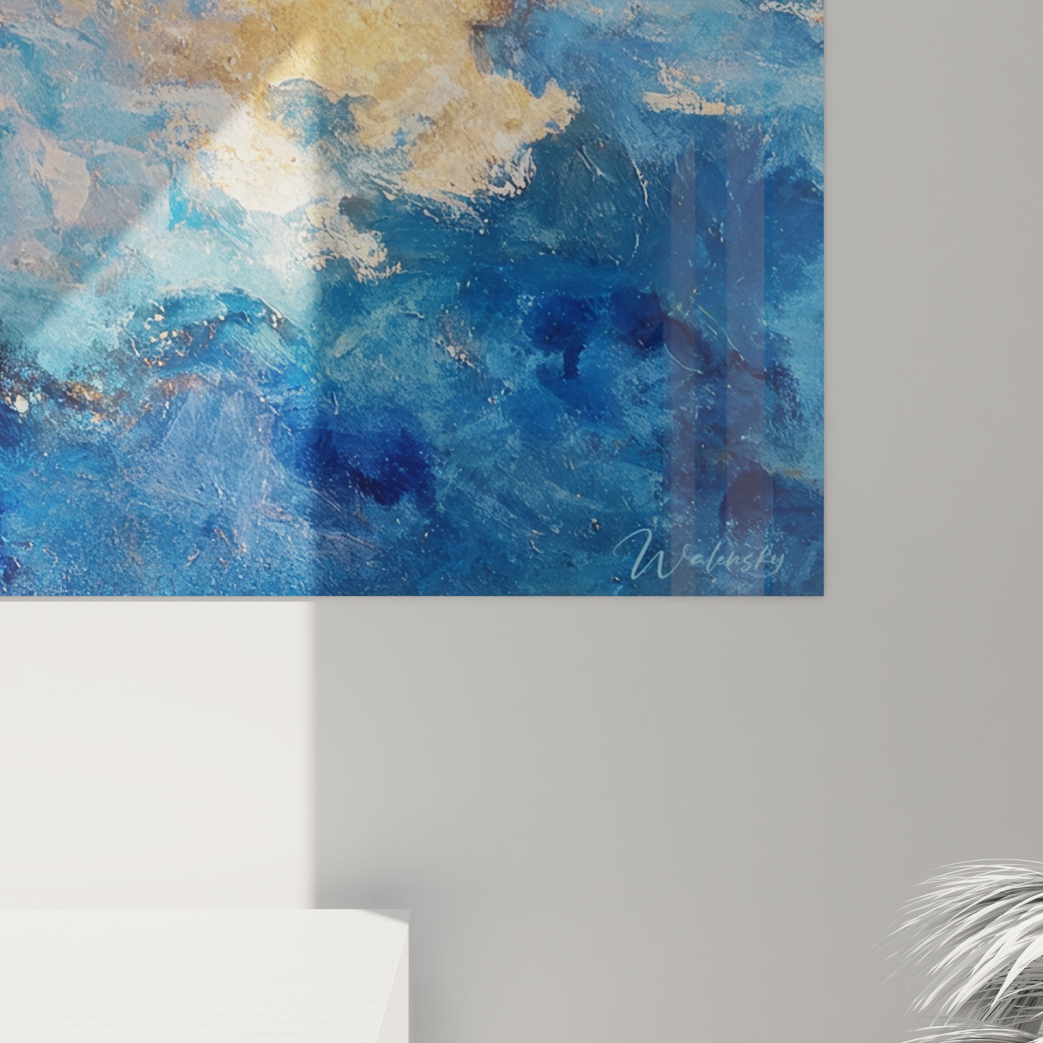 Vue ensemble tableau mural nuages abstraits dorés bleus décoration moderne