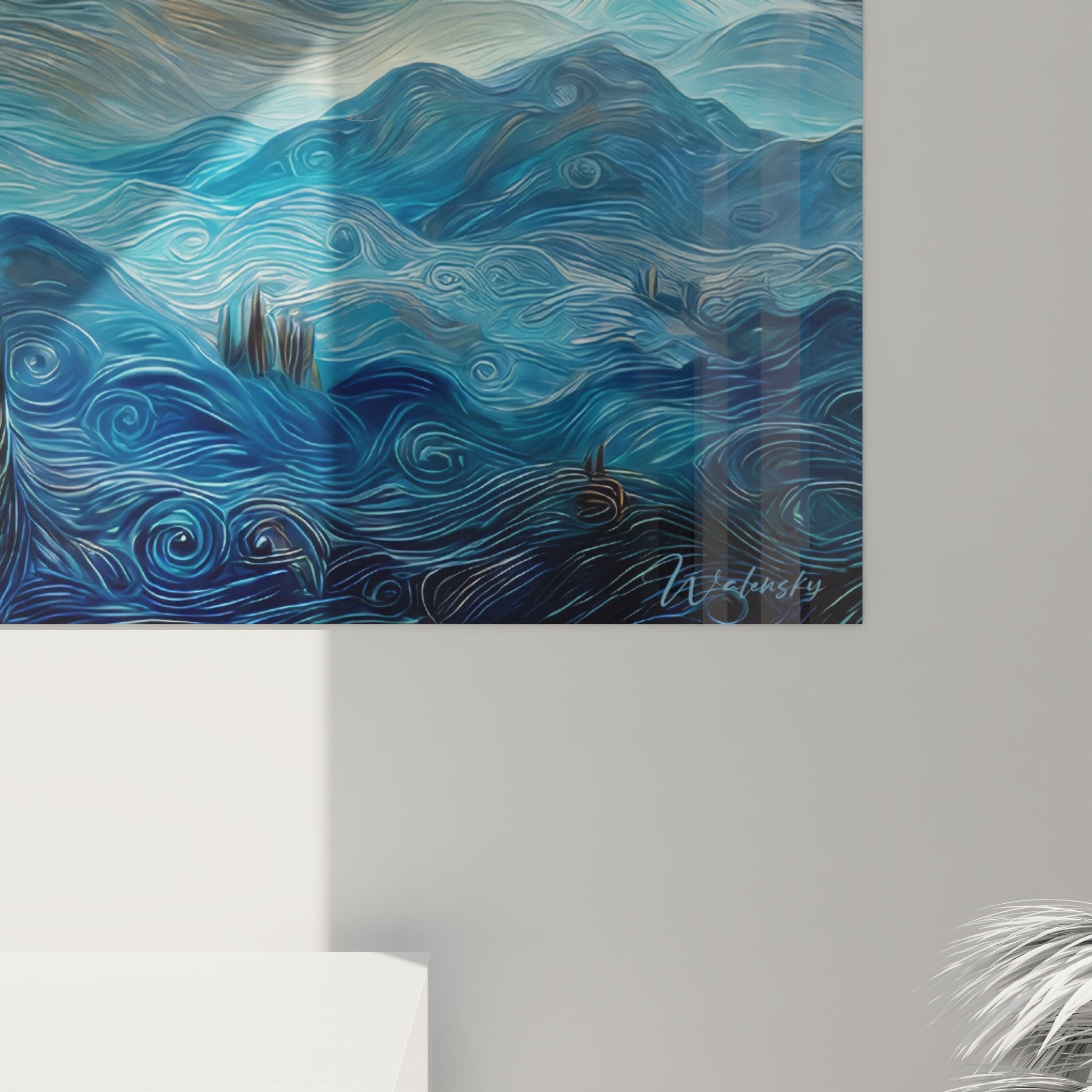 Vue ensemble tableau mural paysage nocturne étoilé avec cyprès et montagnes stylisées