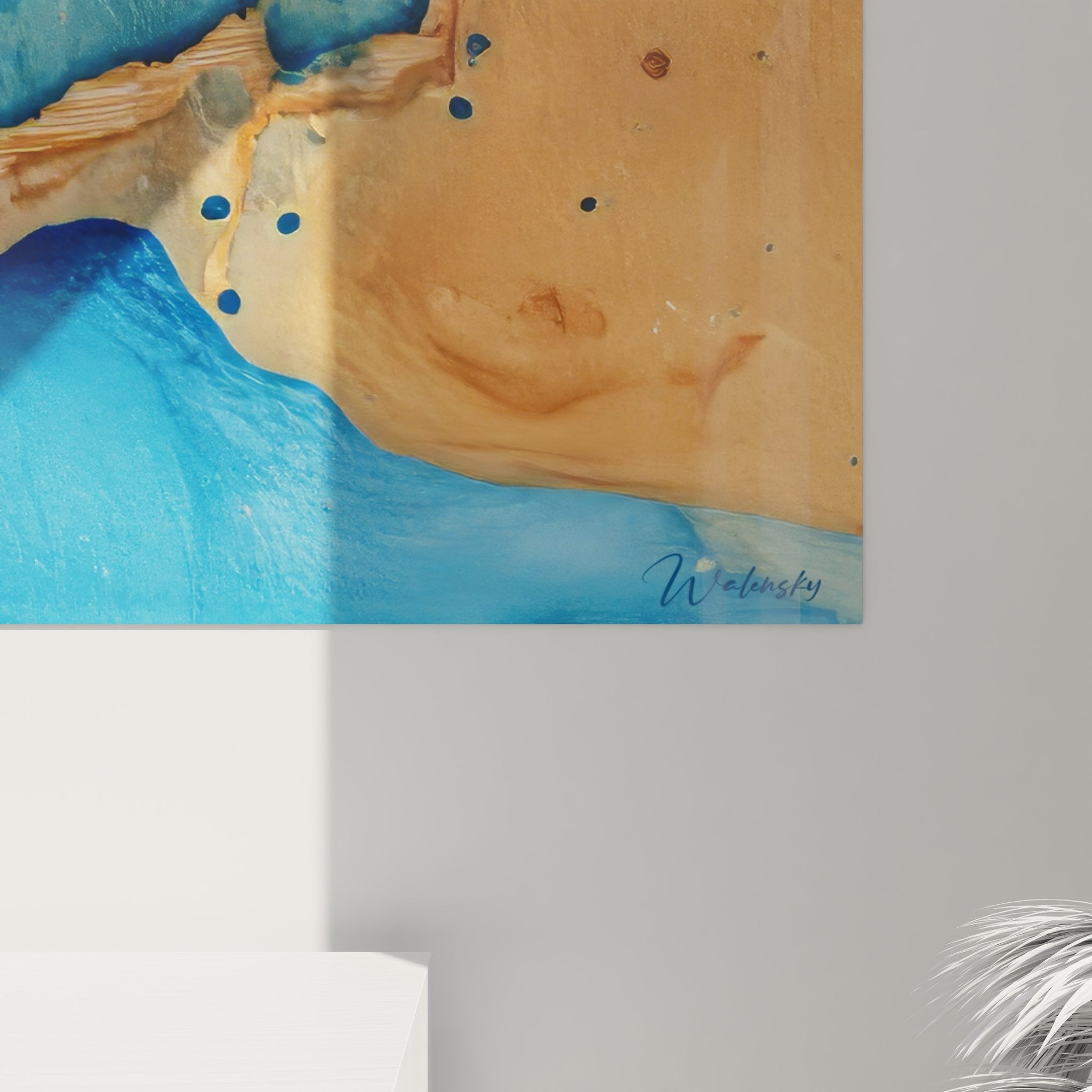 Vue ensemble tableau mural océan abstrait, art moderne vagues bleues dorées