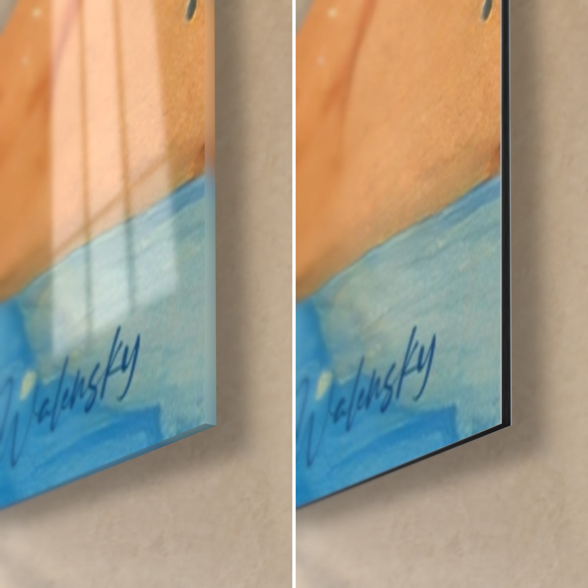 Tableau côte abstraite orange et bleu, coin bas droit verre brillant à reflets et Dibond mat, tranche 3 mm