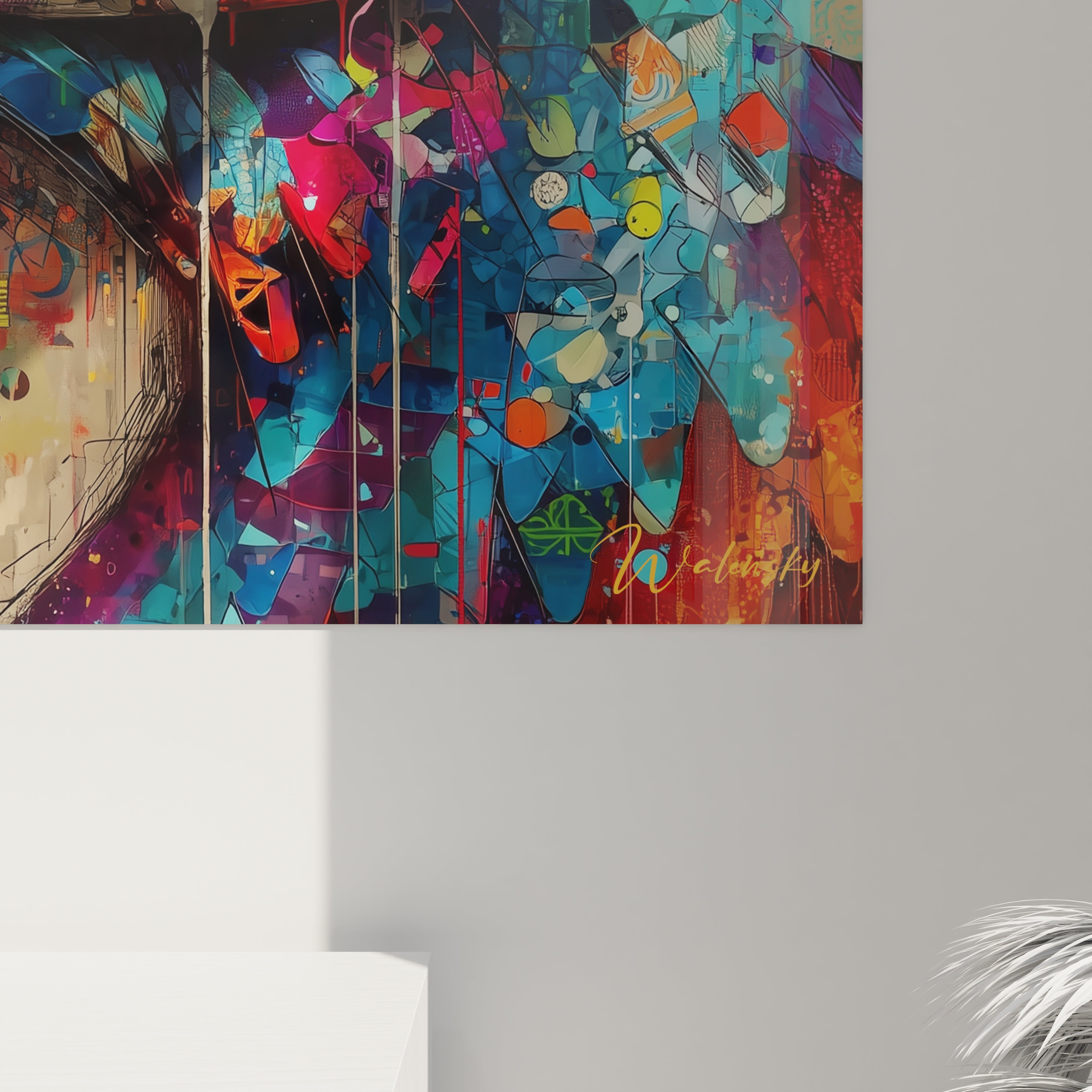 Vue d'ensemble tableau mural oiseau abstrait, œuvre d'art moderne aux couleurs éclatantes