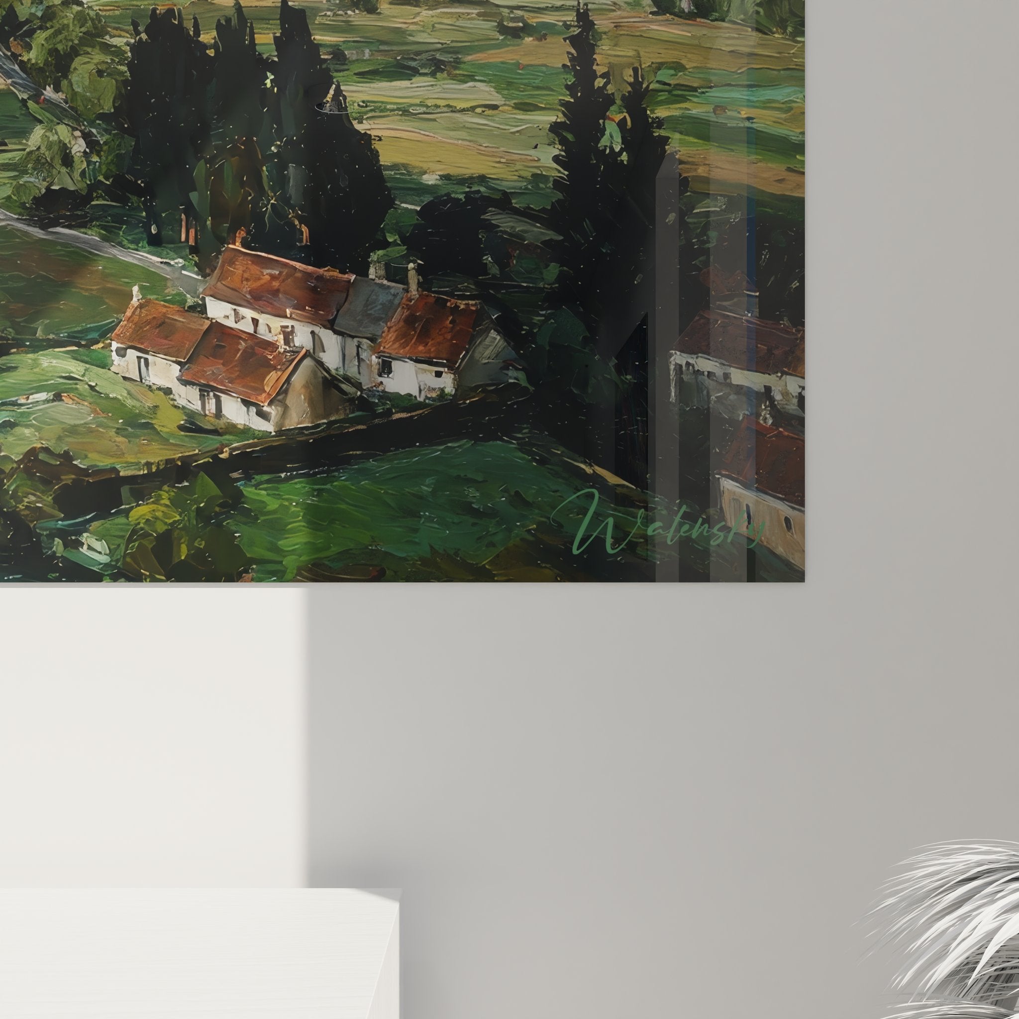 Vue ensemble tableau mural paysage rural vallée rivière village traditionnel décoration intérieure