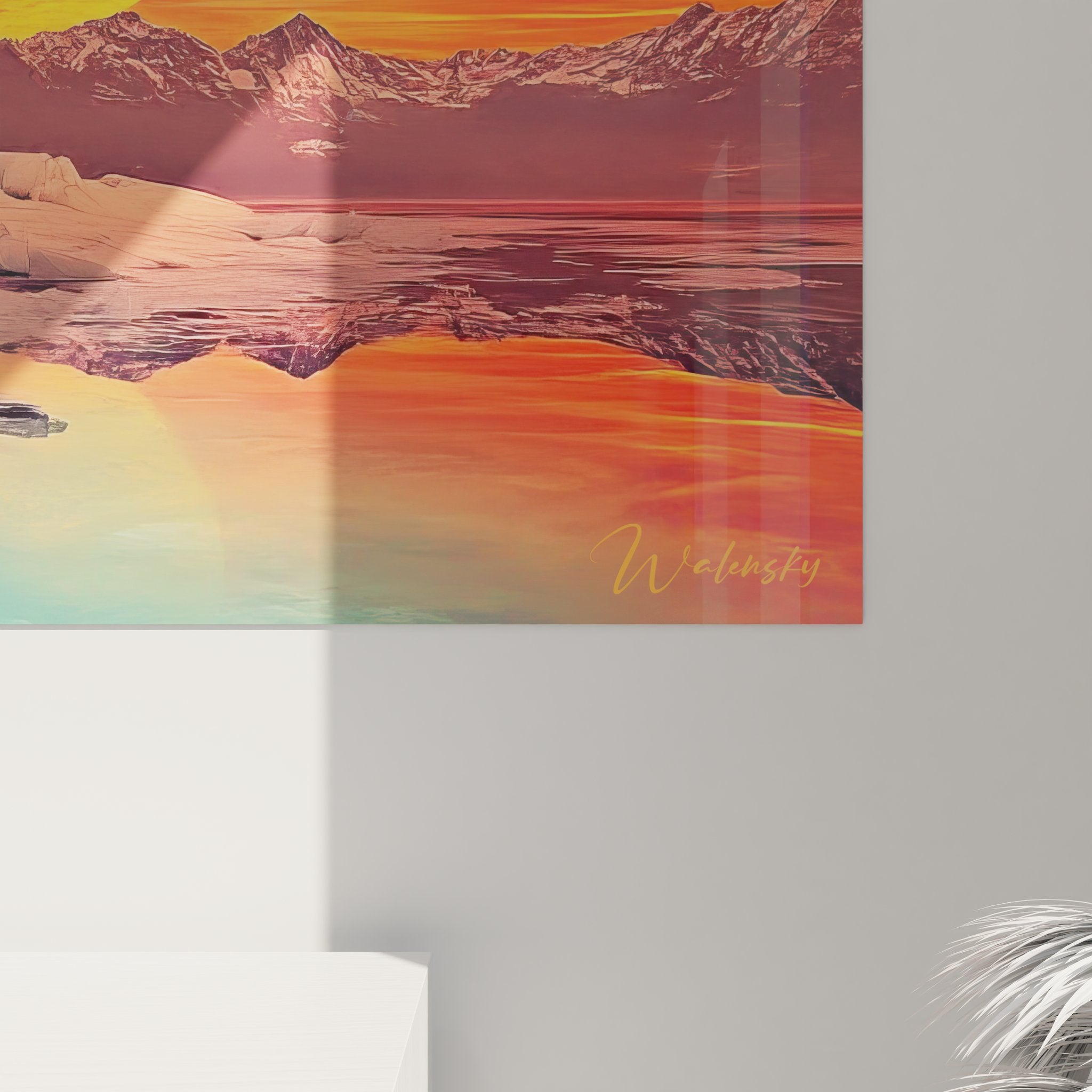 Vue d'ensemble du tableau mural paysage cristallin futuriste avec soleil doré et montagnes abstraites