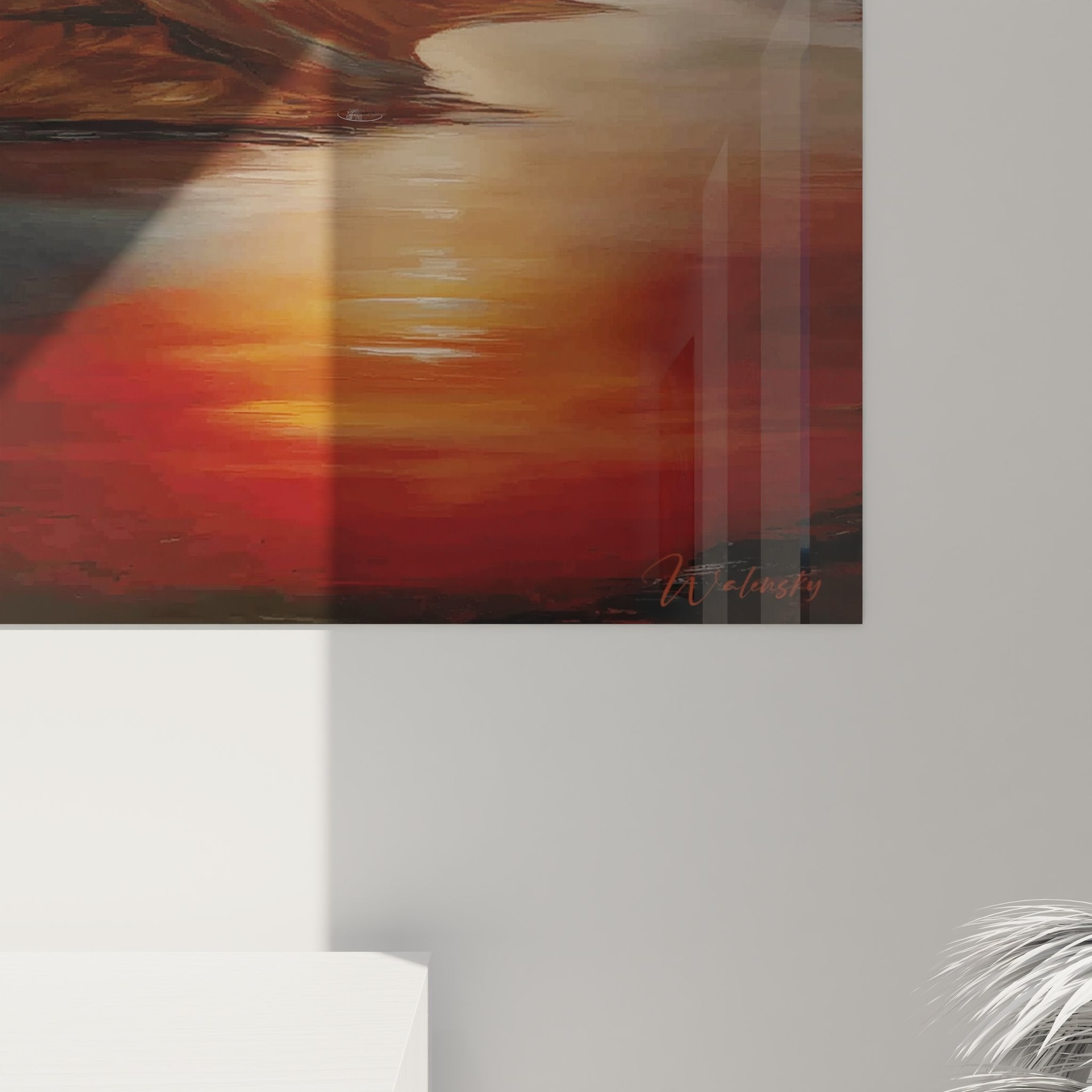 Vue ensemble tableau mural paysage dramatique tons rouge orange - décoration moderne salon