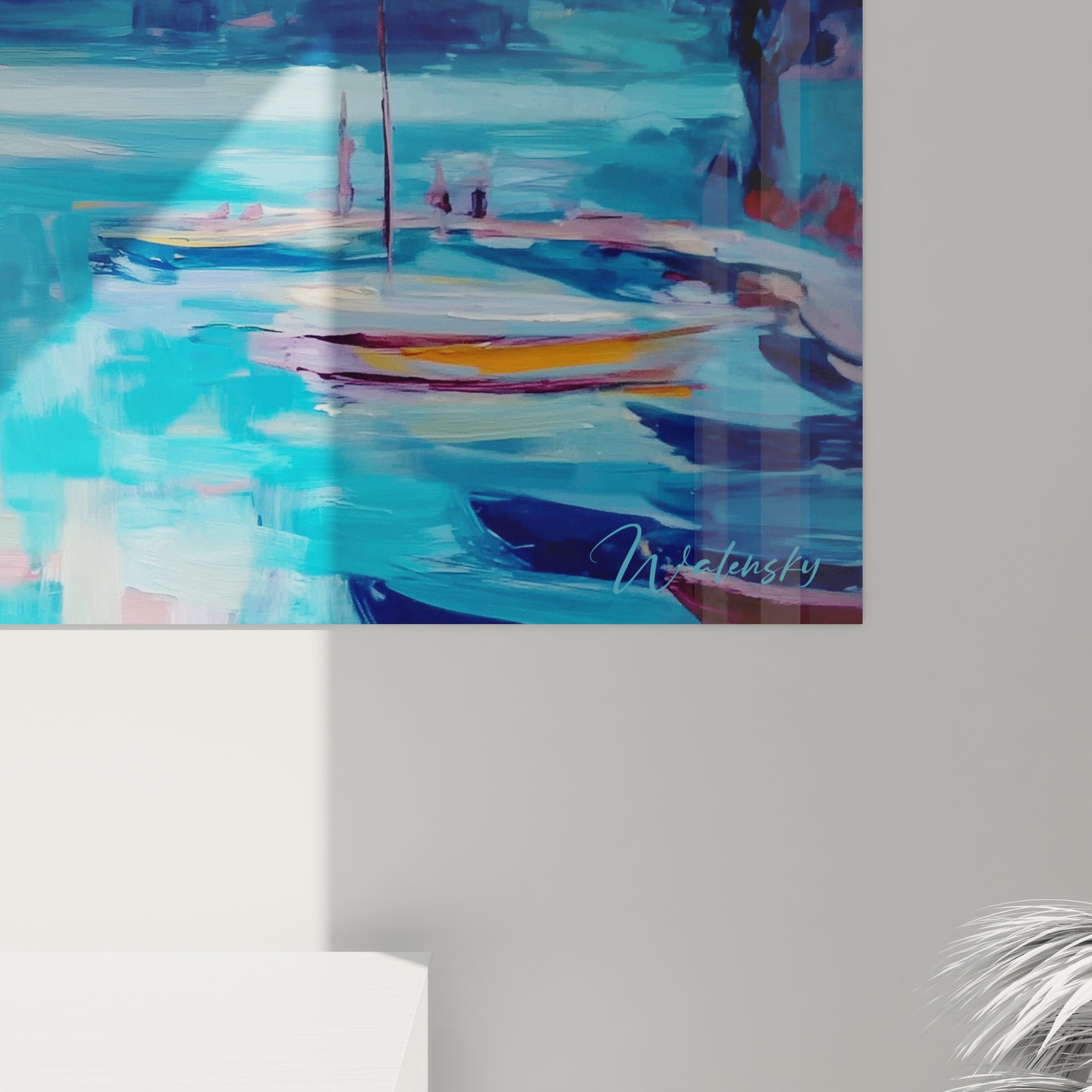 Vue ensemble tableau mural lac église alpine, composition complète avec montagnes et embarcations