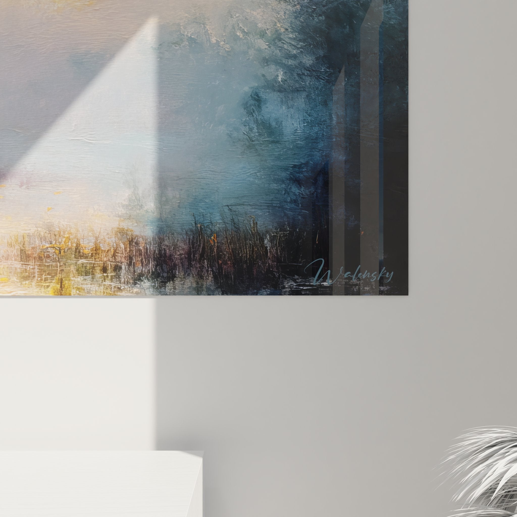 Vue d'ensemble tableau mural paysage lacustre dans intérieur contemporain élégant