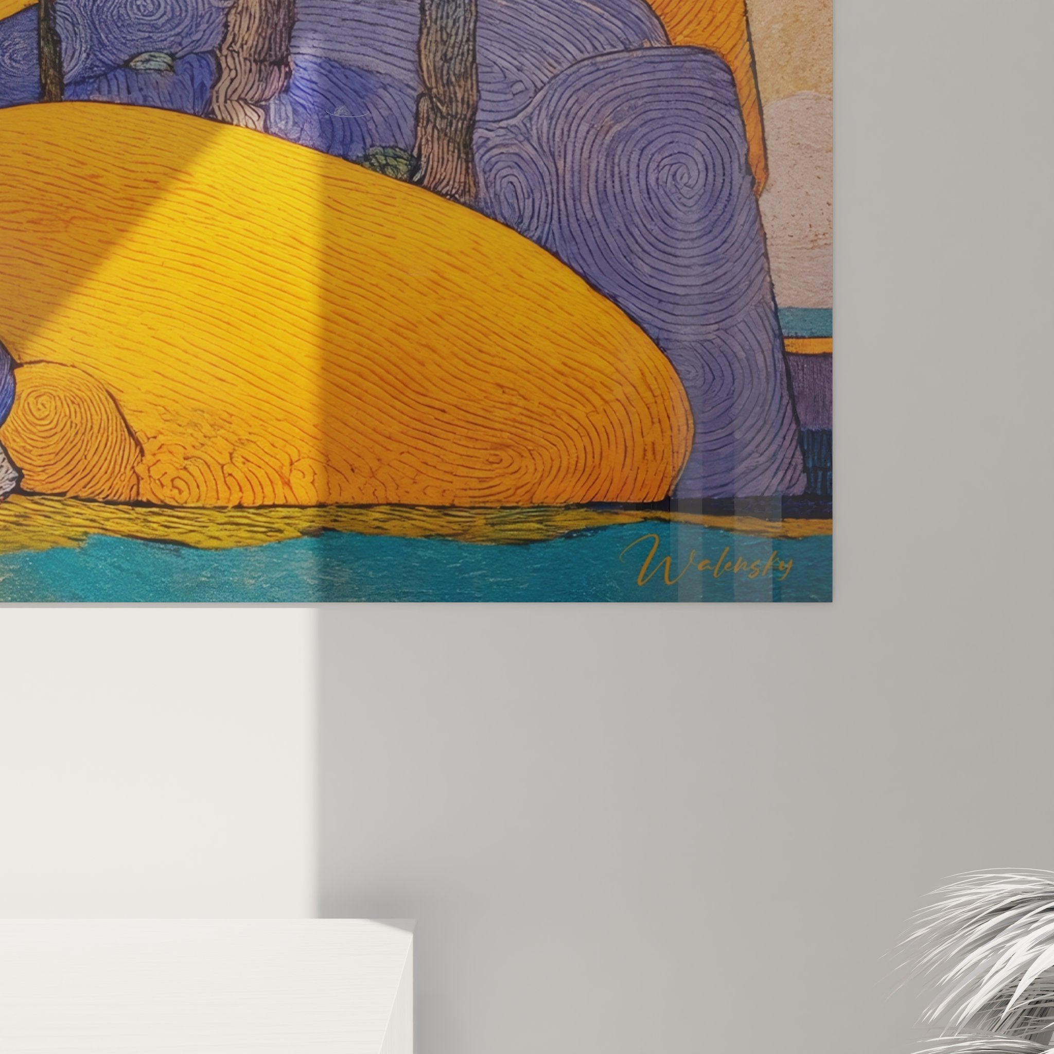 Vue ensemble tableau mural paysage méditerranéen collines dorées pins bleus décoration intérieure