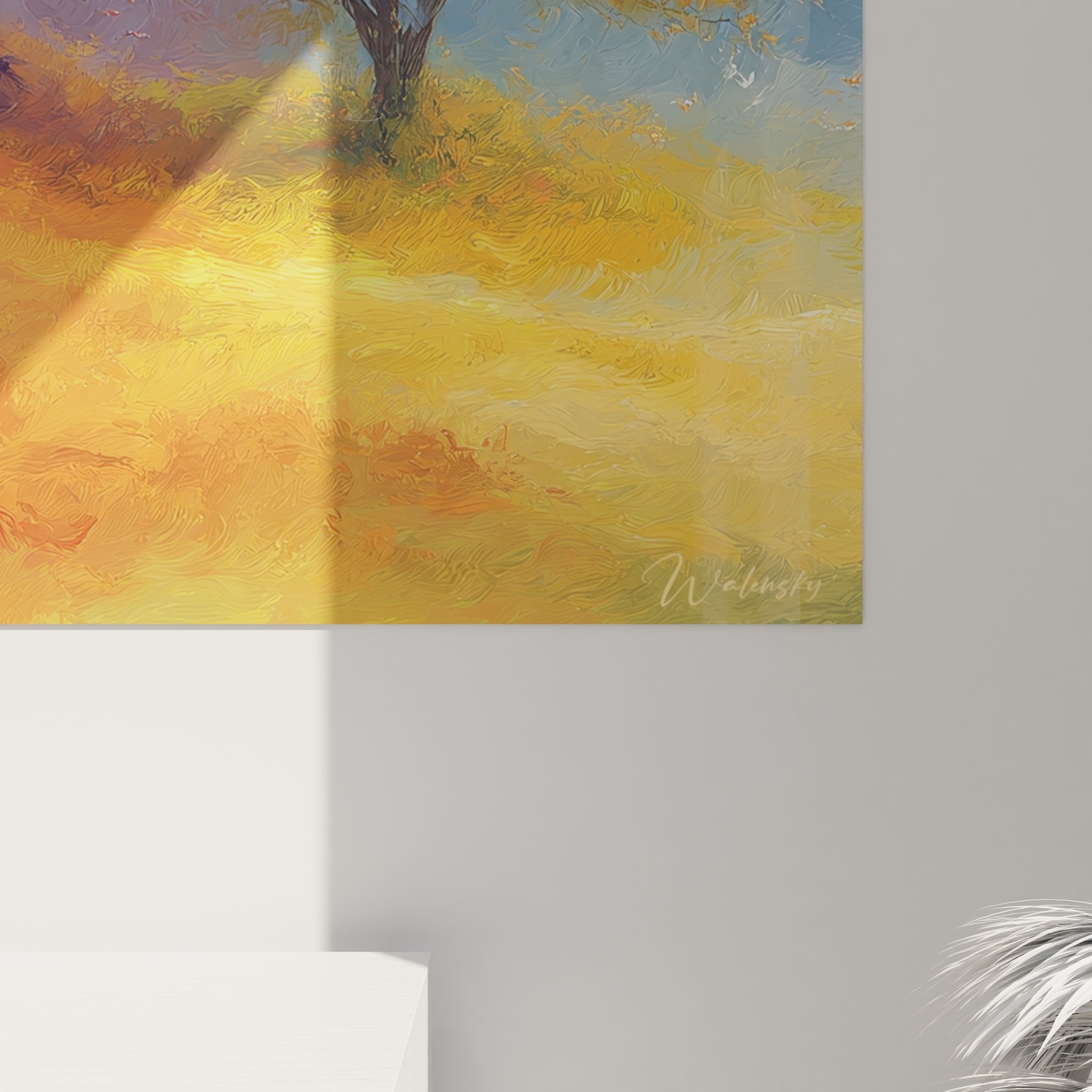 Vue ensemble tableau mural paysage nature deux arbres saisons décoration intérieure