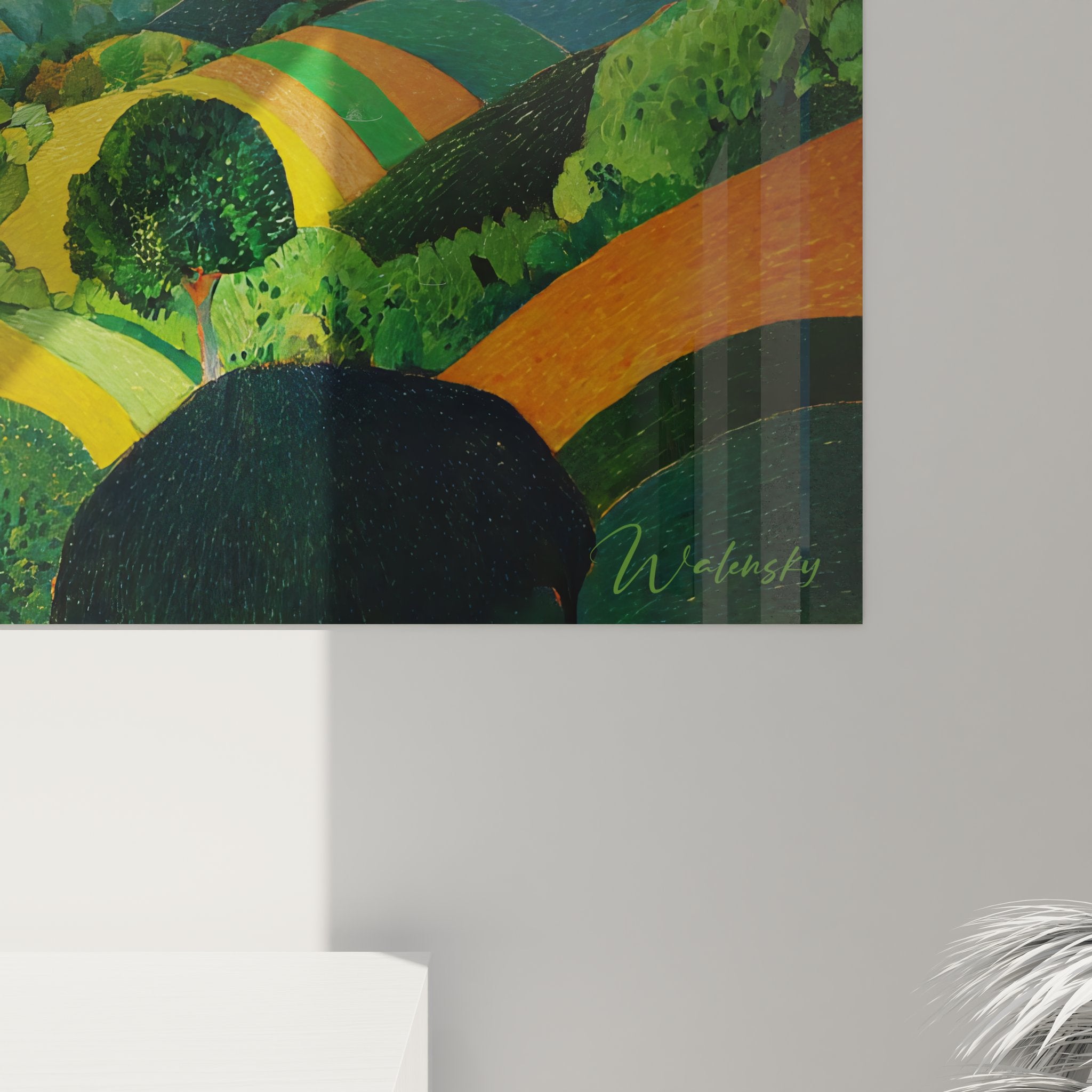 Vue ensemble tableau mural paysage vallée campagne décoration intérieur nature verdoyante