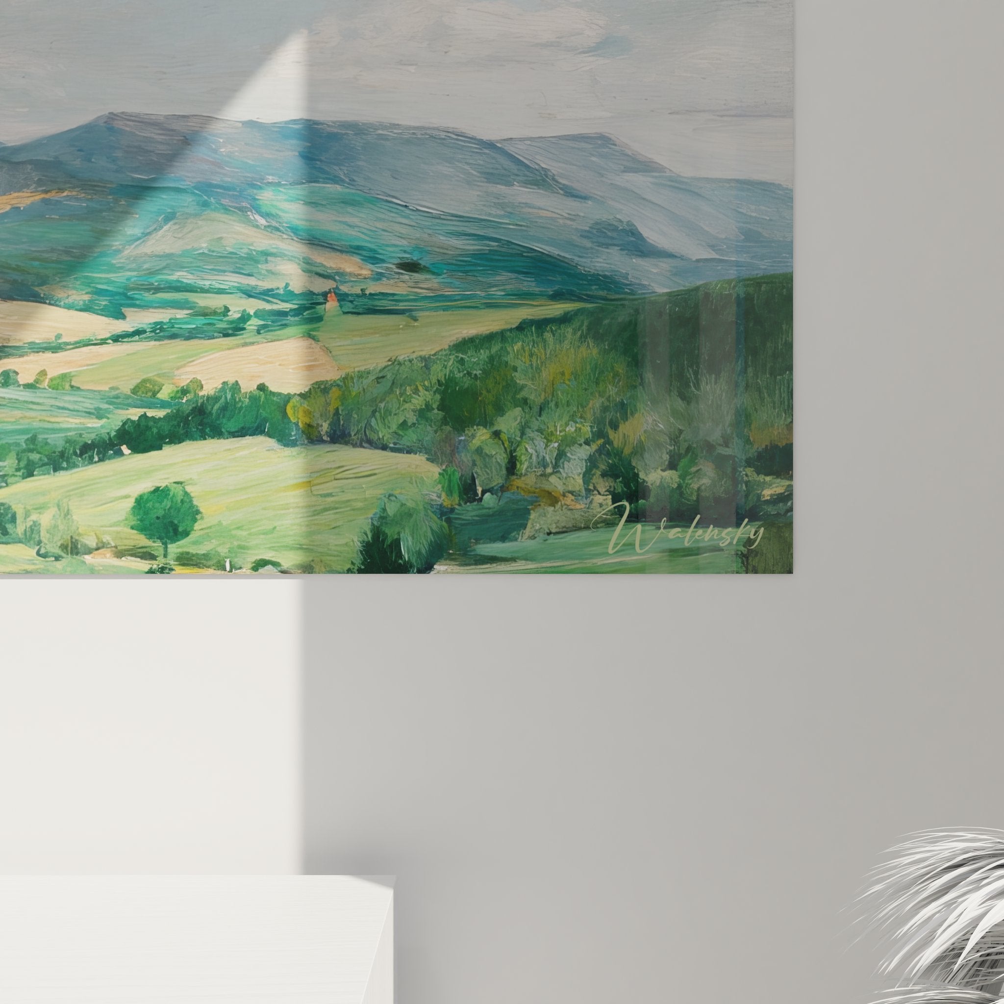 Vue ensemble tableau mural grand format paysage montagneux vallée verte décoration campagne