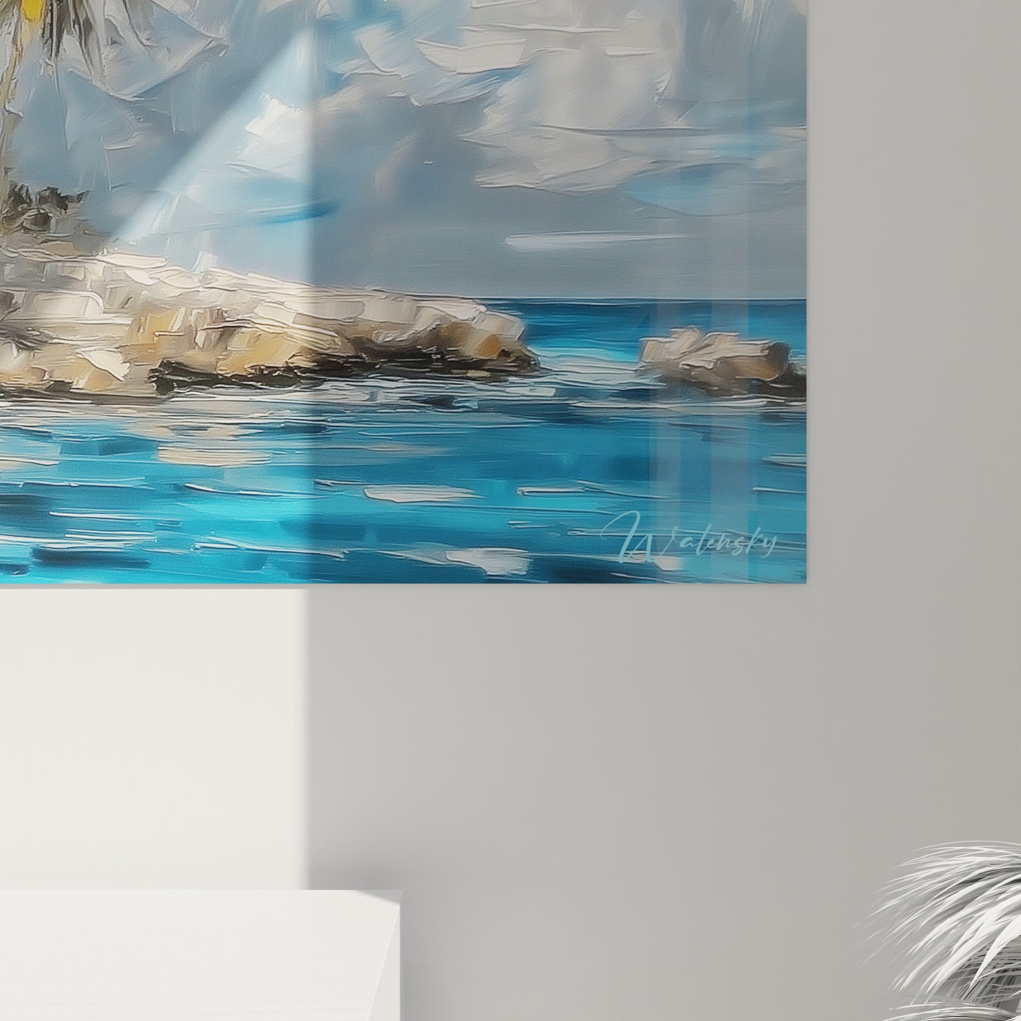 Vue ensemble tableau mural plage village côtier palmiers décoration intérieure maritime