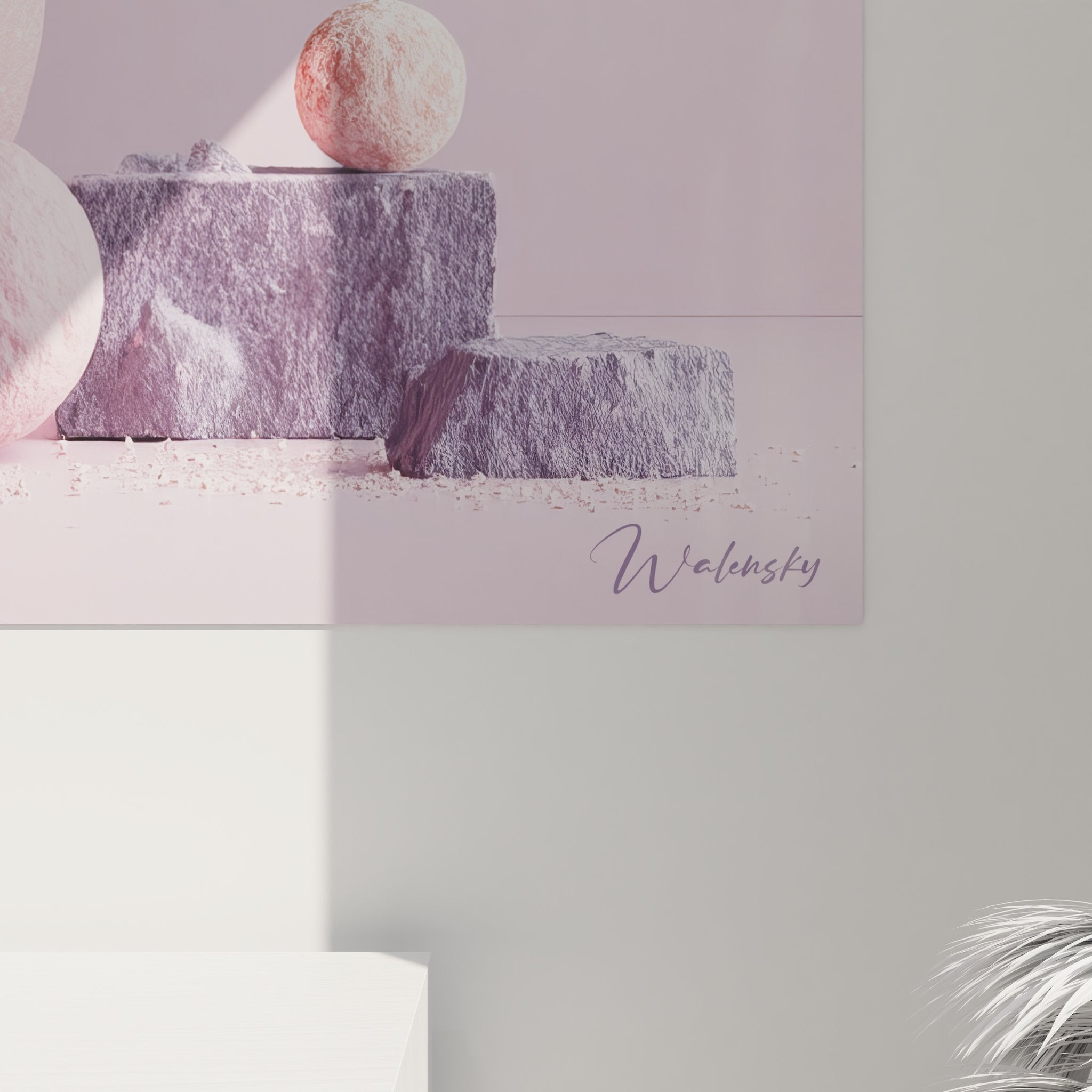 Vue d'ensemble tableau mural cosmos planète rose, composition spatiale complète avec satellites et rochers