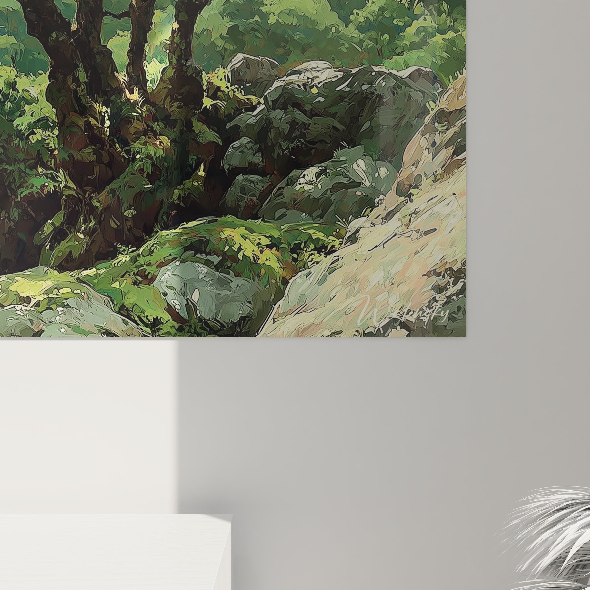 Vue ensemble tableau mural pont mystique forêt, œuvre d'art nature pour décoration intérieur