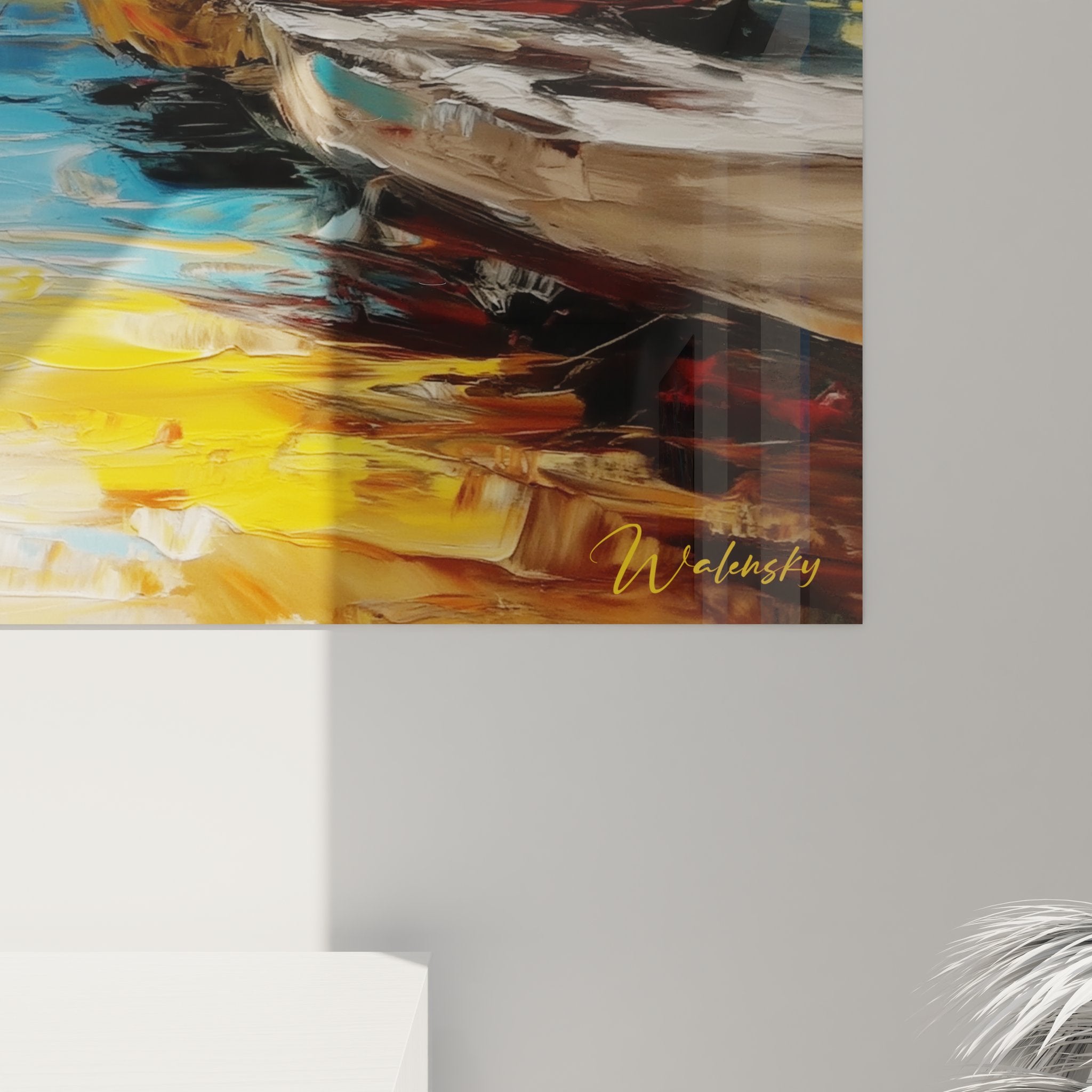 Vue ensemble tableau mural port falaises méditerranéen décoration maritime bateaux colorés