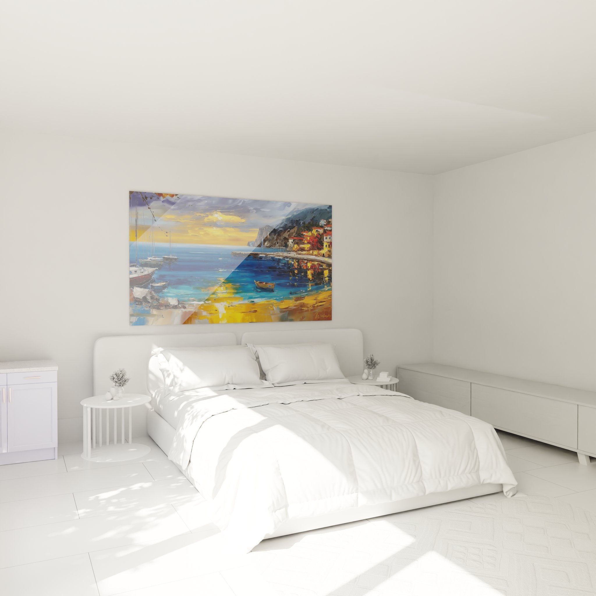 Vue ensemble tableau port méditerranéen mural, peinture marine décorative style côtier authentique