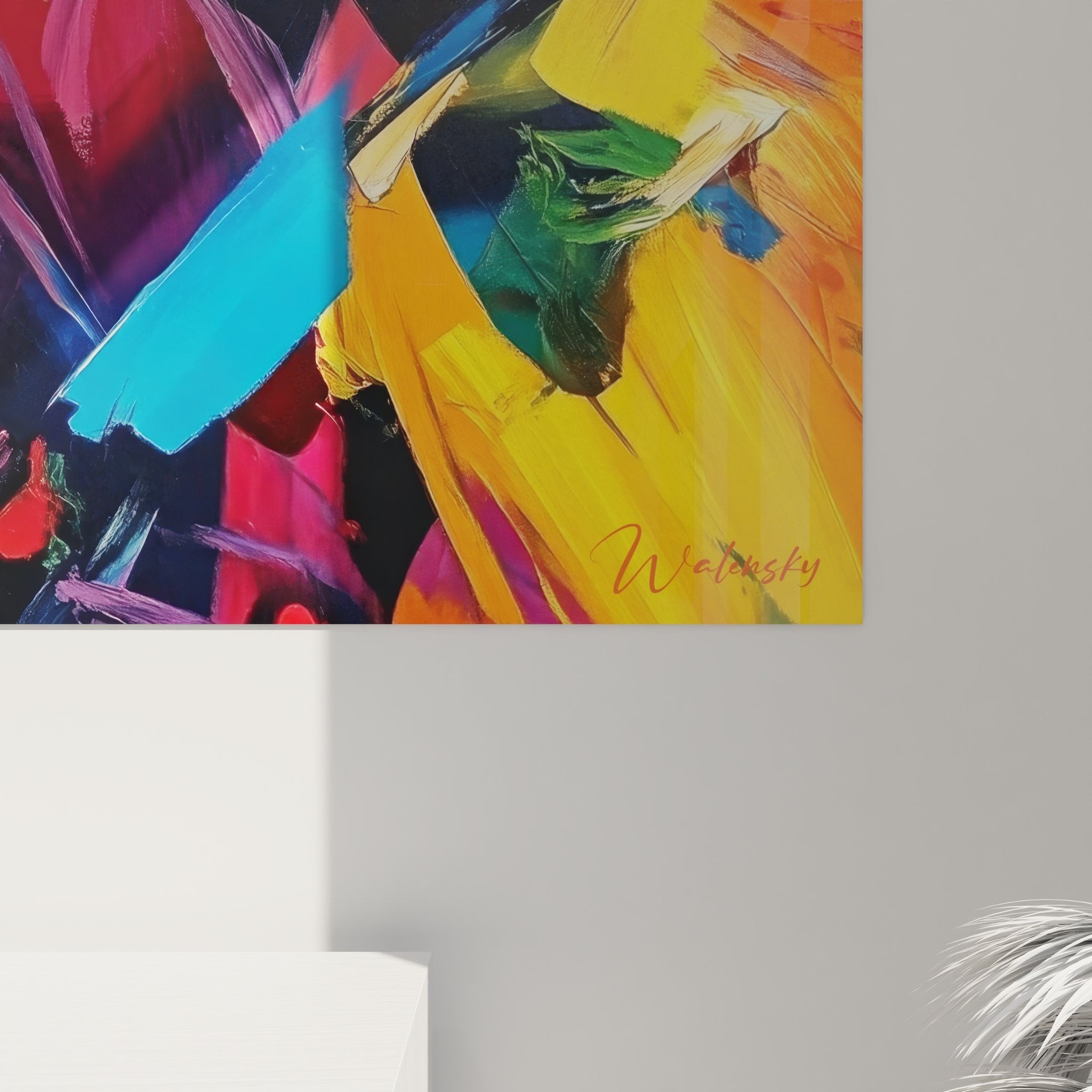 Vue ensemble tableau portrait femme coloré art mural figuratif abstrait décoration intérieure