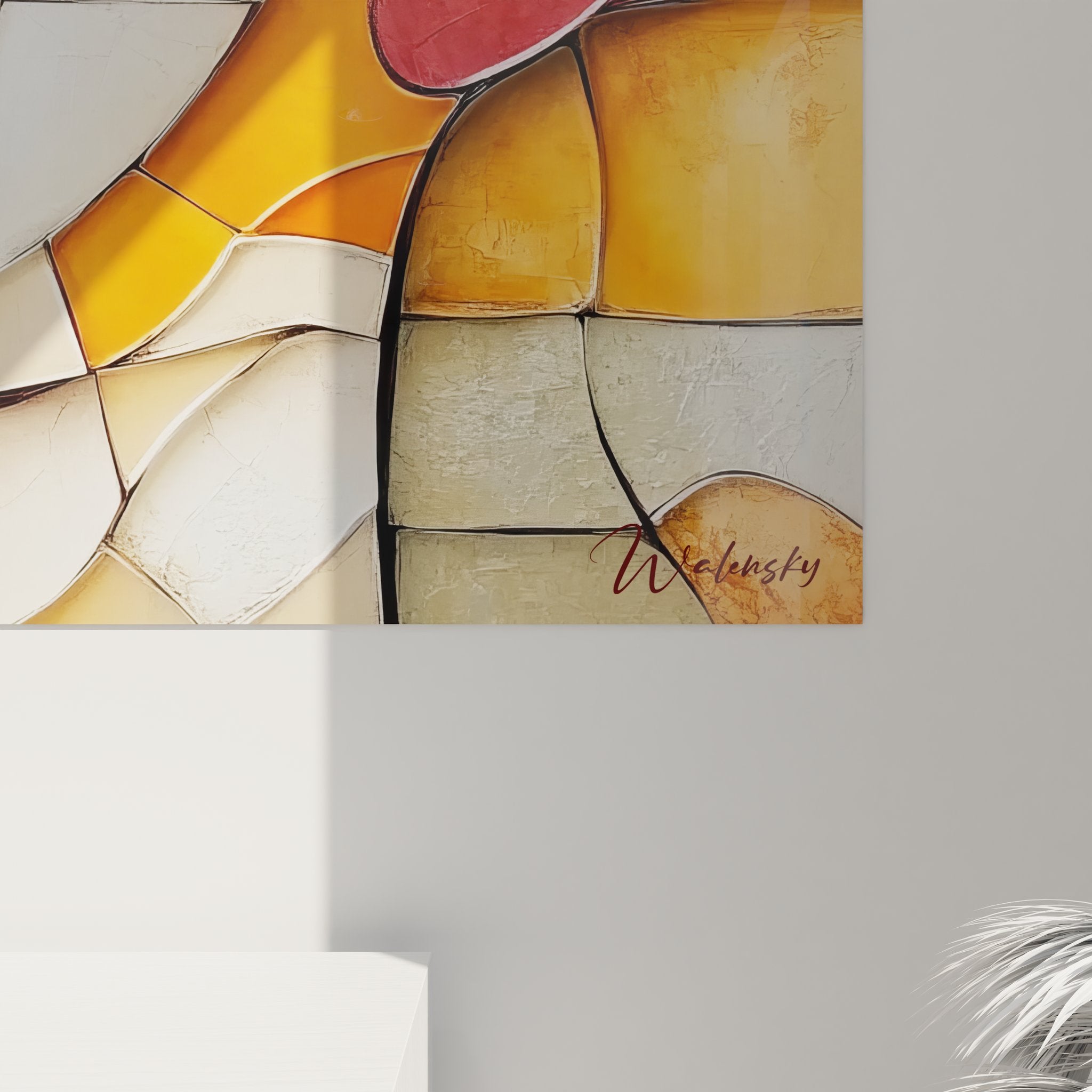 Vue d'ensemble tableau mural portrait style vitraux avec mosaïque géométrique