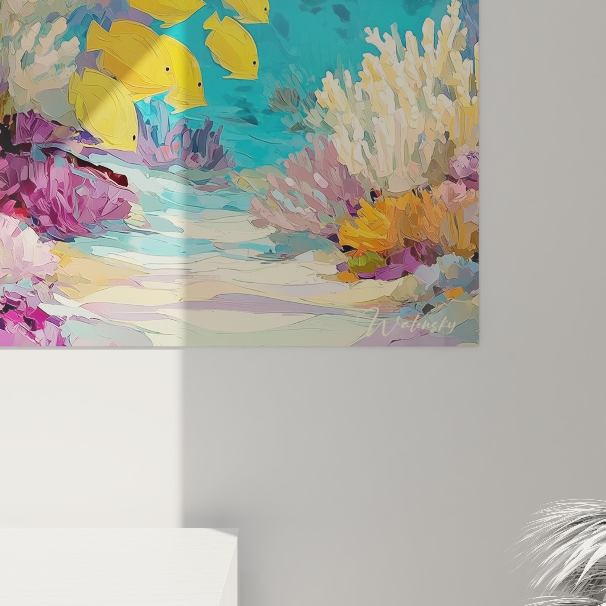 Vue d'ensemble tableau mural récif corallien avec surface océan et fond marin coloré