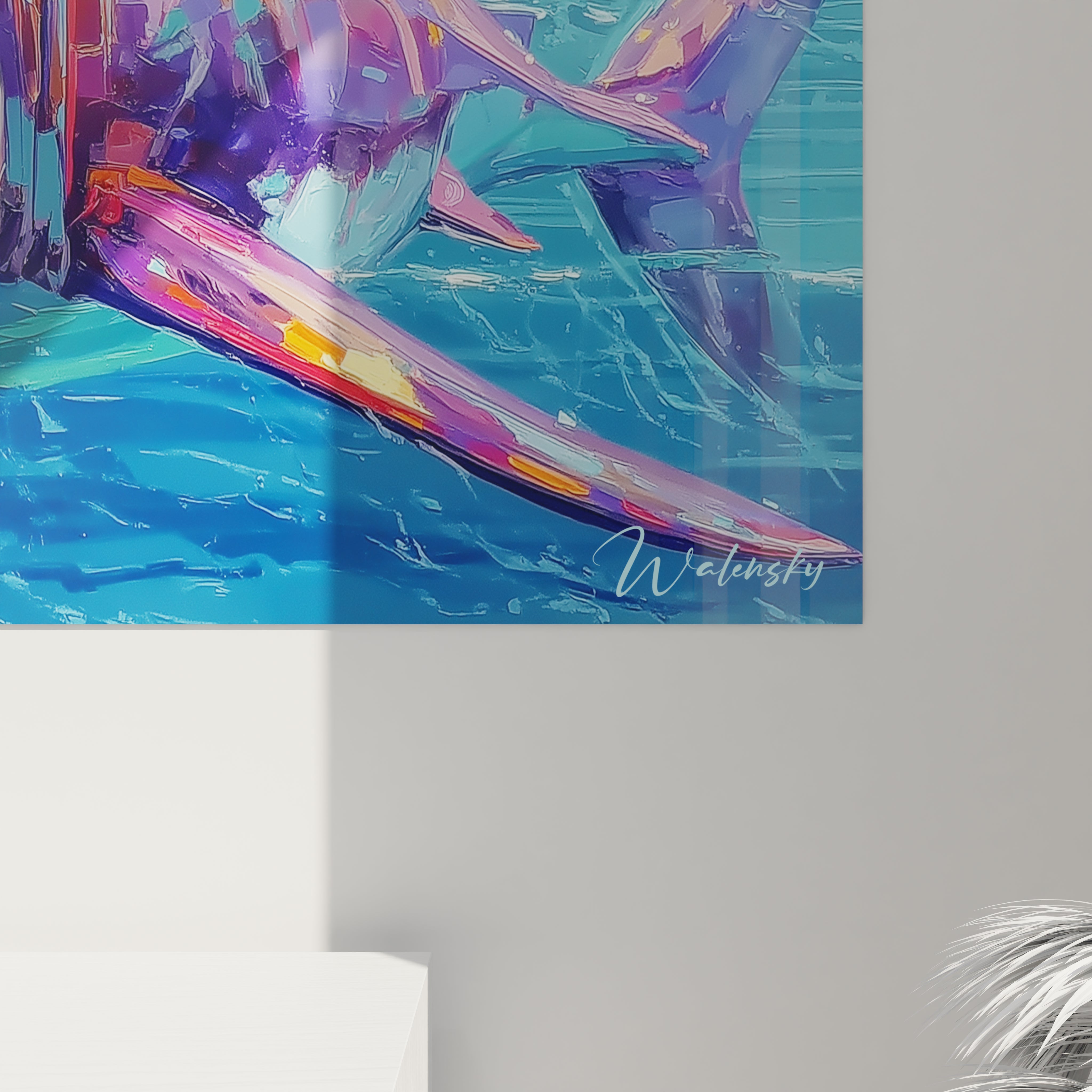 Vue ensemble tableau mural requin coloré décoration intérieure art mégalodon