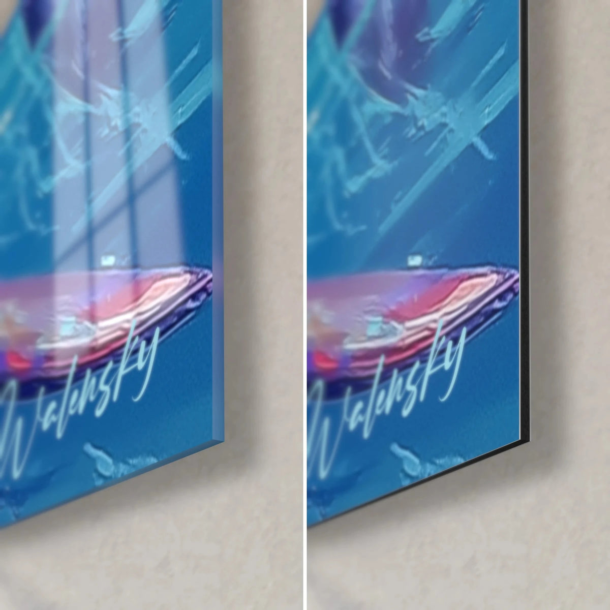 Schilderij haai met getande bek, rechtsonder: glanzend blauw kobaltkleurig acrylglas links, mat Dibond rechts, handtekening Walensky