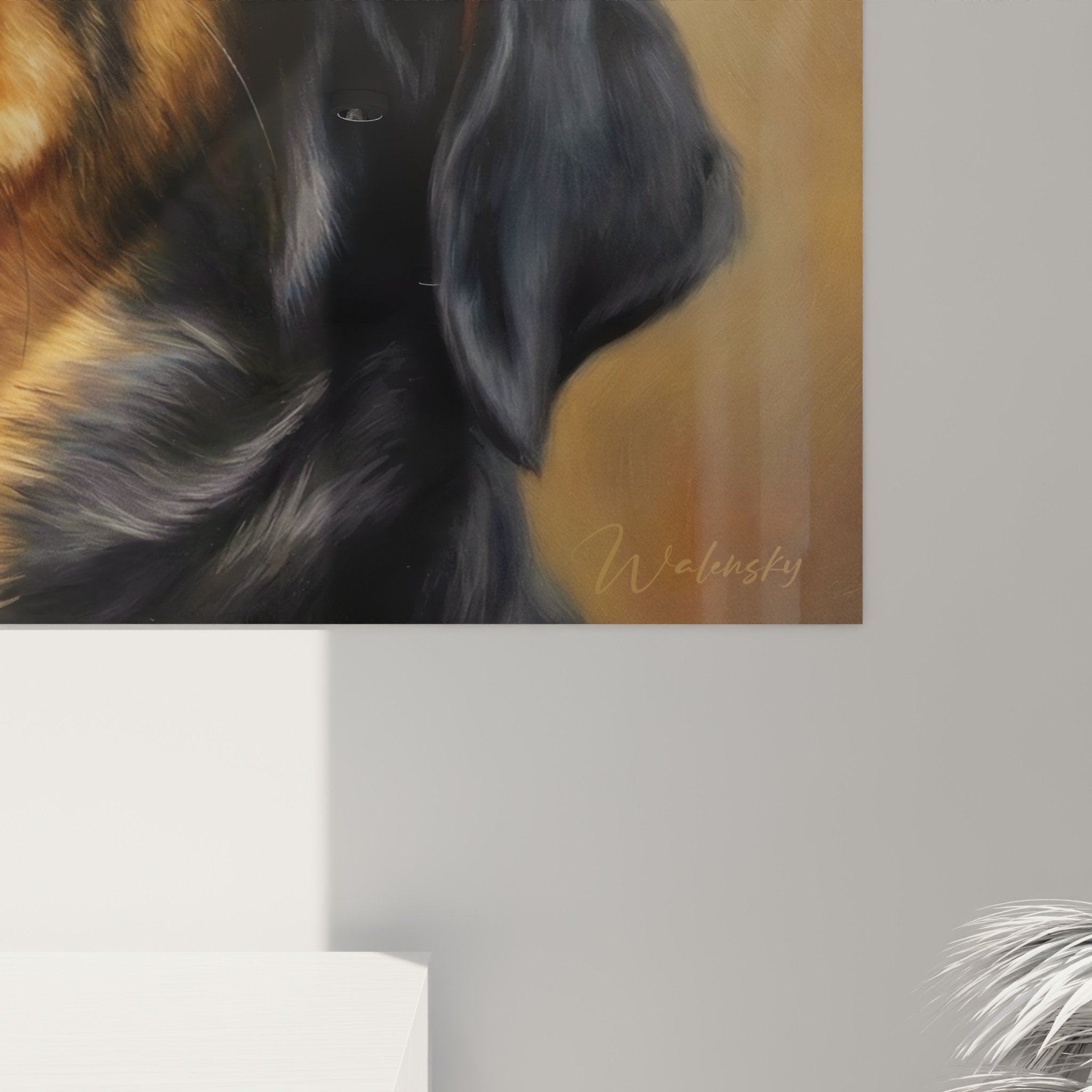 Vista d'insieme quadro murale Rottweiler sorridente luce dorata decorazione interiore arte canina